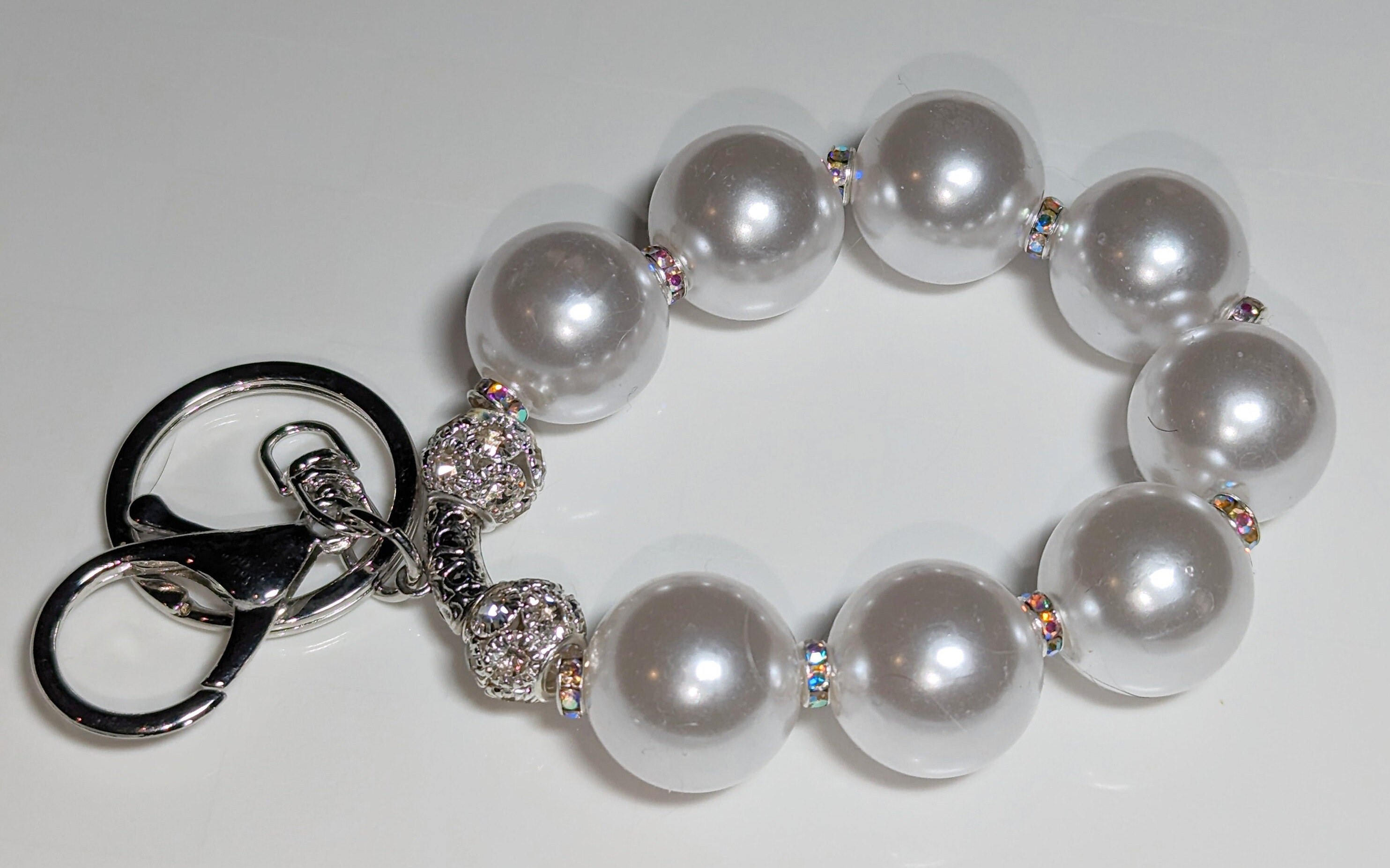 Pearl Wristlet Keychain: Rhinestone Disco Ball Charm, Silver Bling