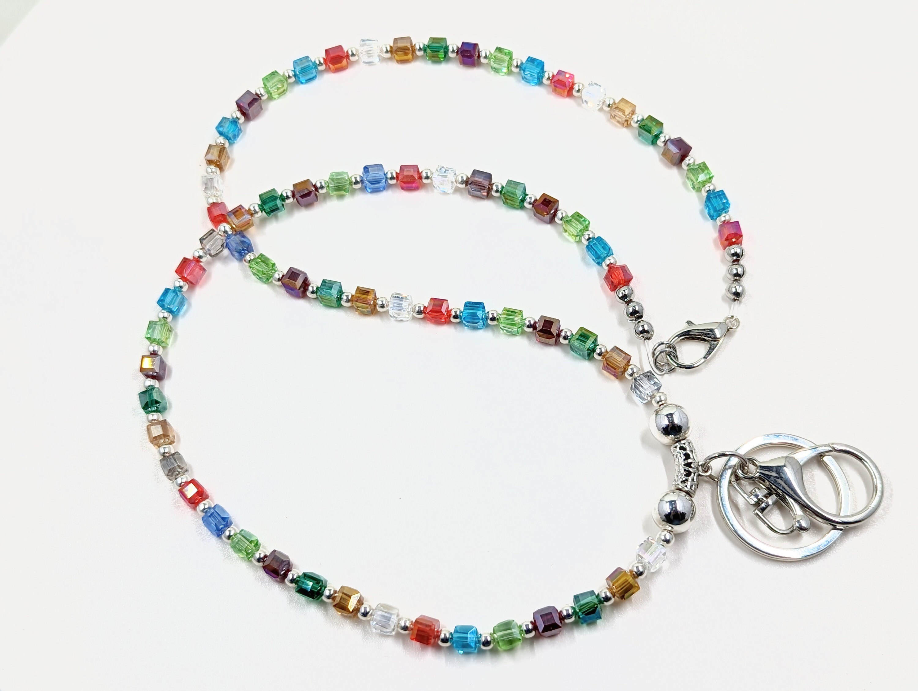 Rainbow Crystal Lanyard: Silver Spacer Beads, Teacher ID Badge Holder length variations