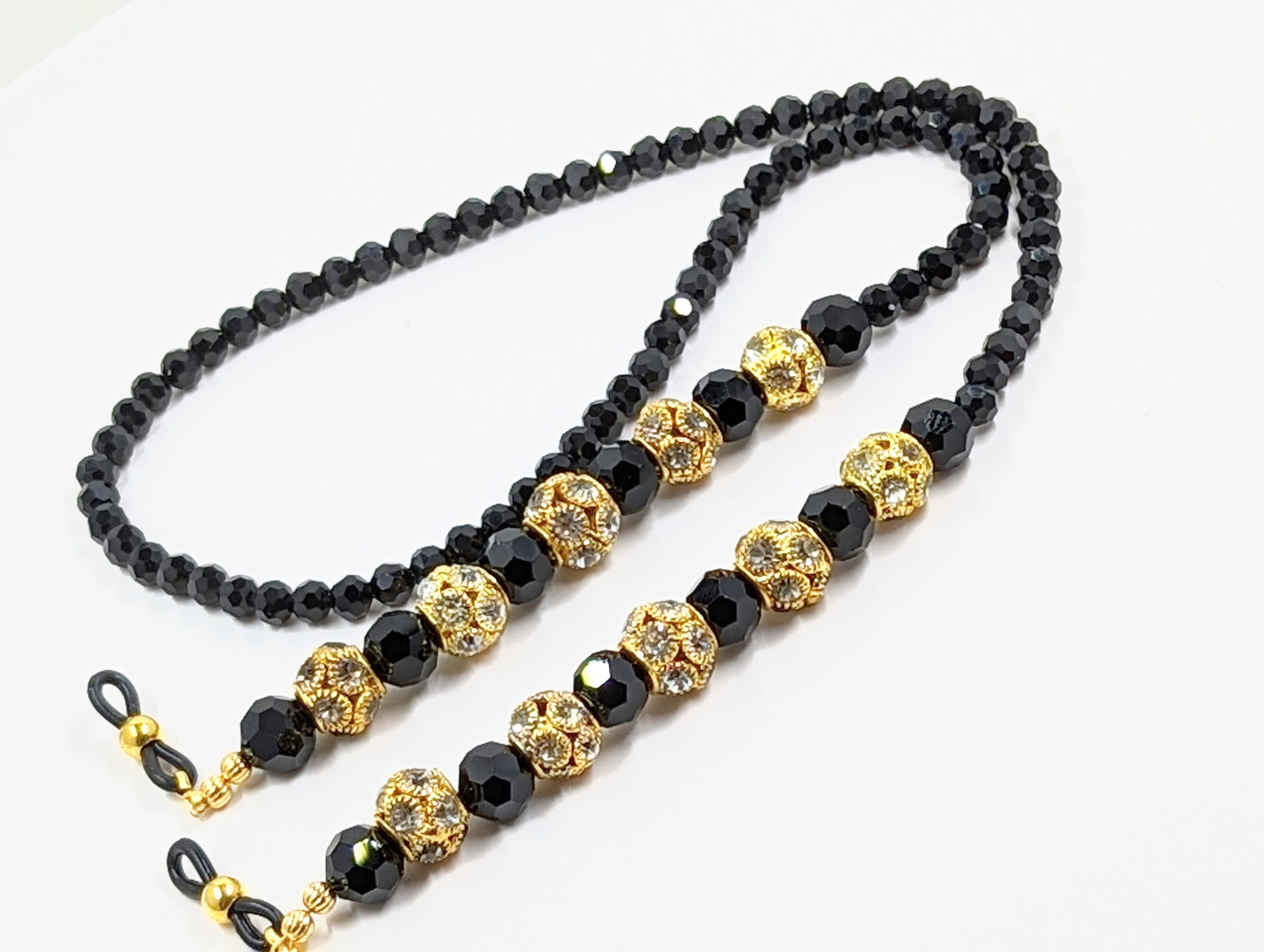 Black Austrian Crystal Eyeglasses Chain: Gold Disco Ball Rhinestone Glasses Holder