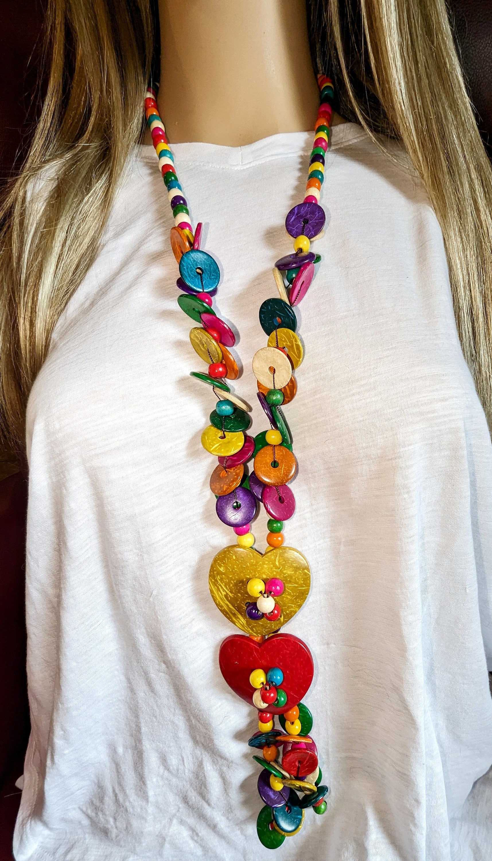 Handmade Bohemian Wood Bead Necklace: Colorful Heart Fashion Jewelry