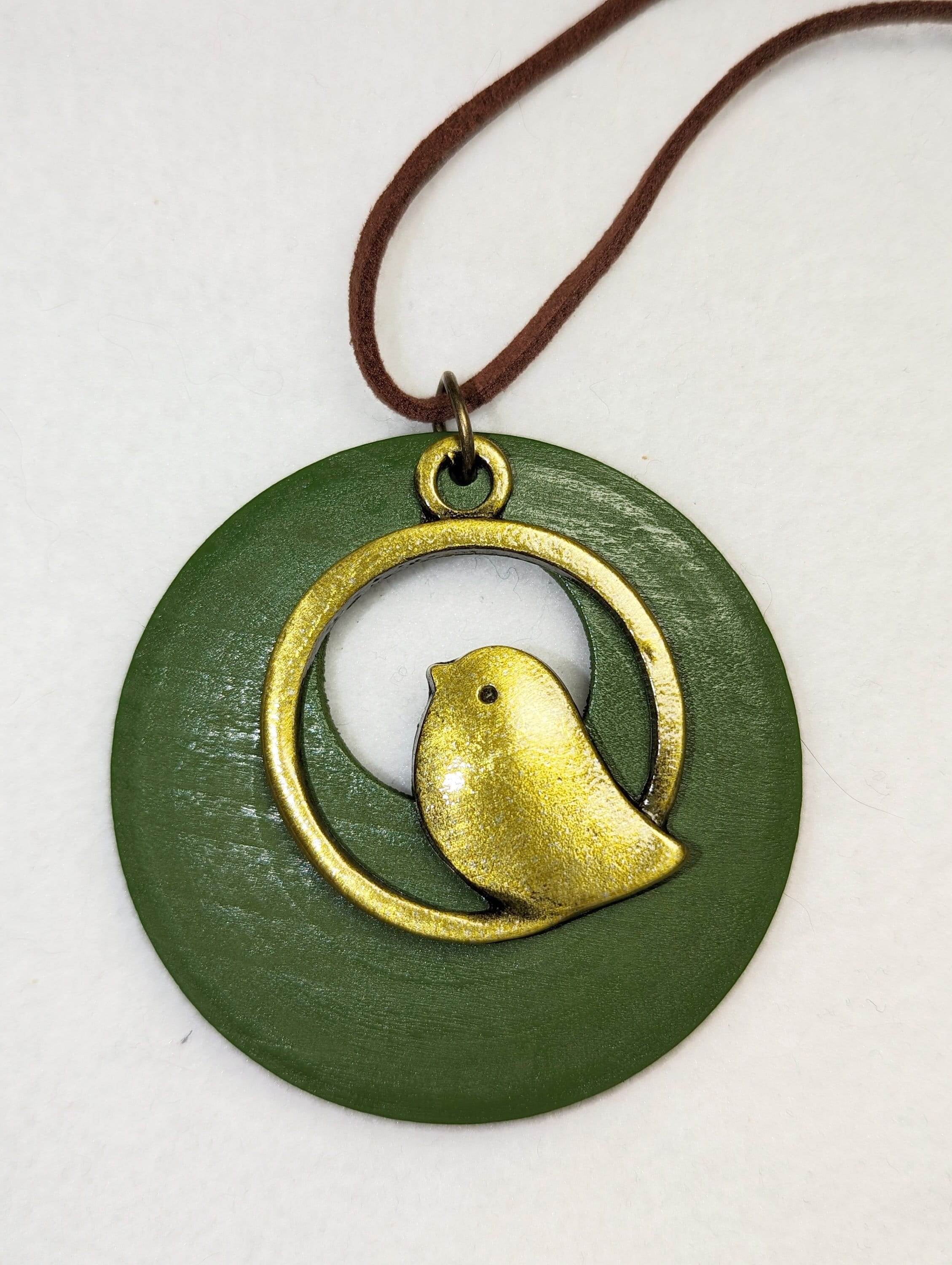 Brass Bird Pendant Necklace: Green Wood & Brown Leather, 19" Drop