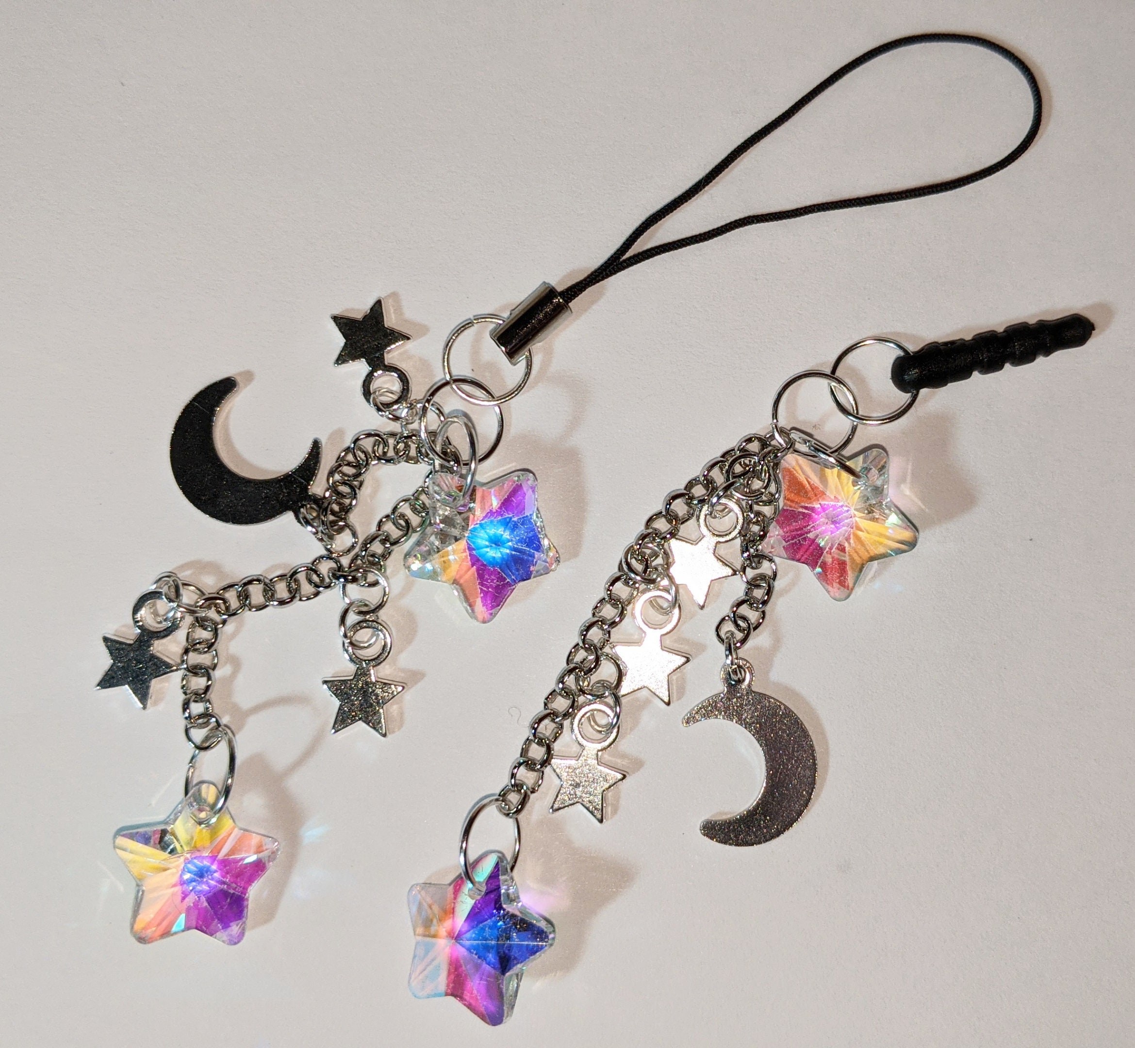 AB Crystal Star Cell Phone Charm: Silver Moon Chain, Dust Plug or Strap