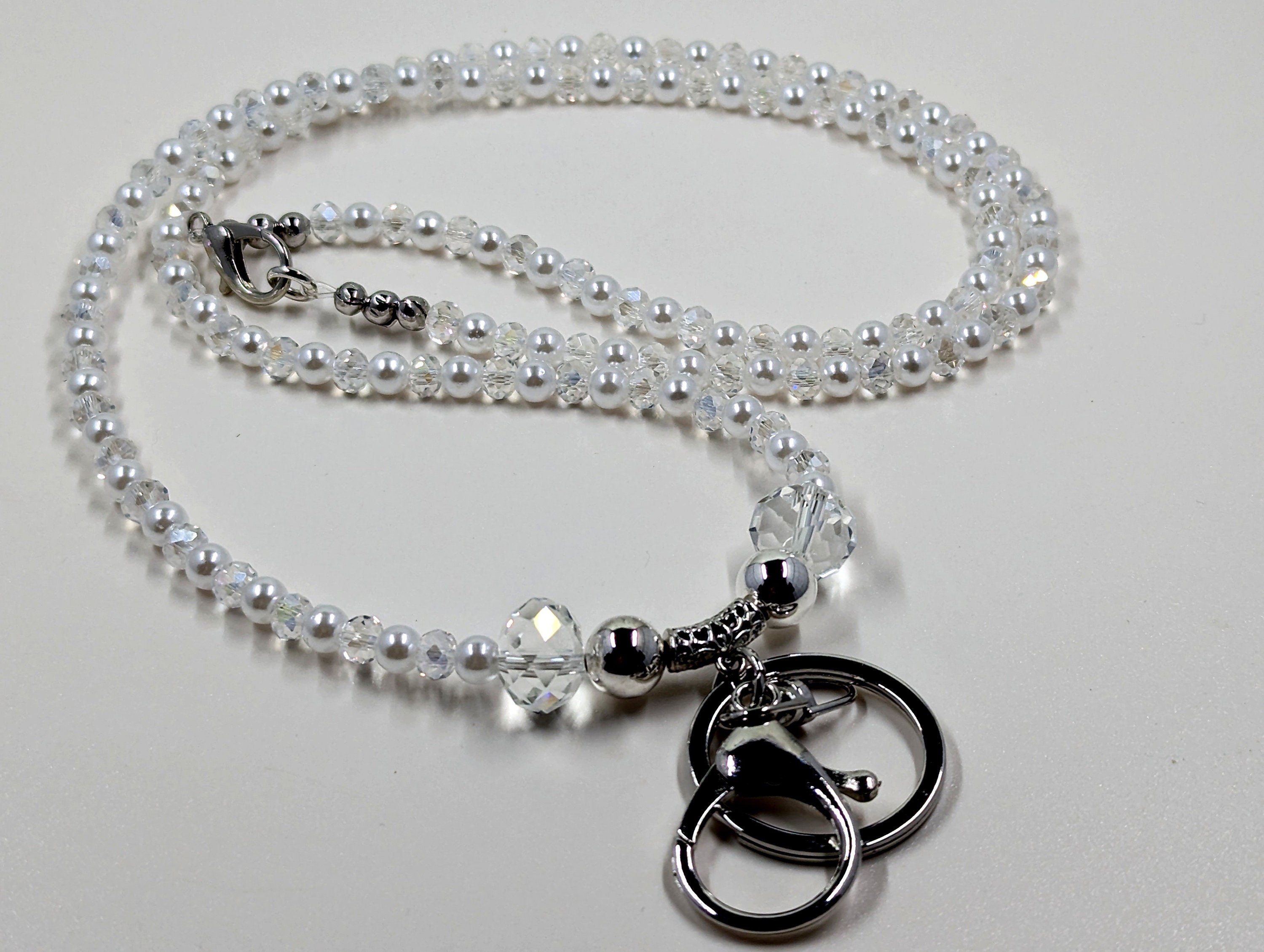 Crystal & Pearl Lanyard: Bling ID Badge Holder, Phone Keychain Length Variations