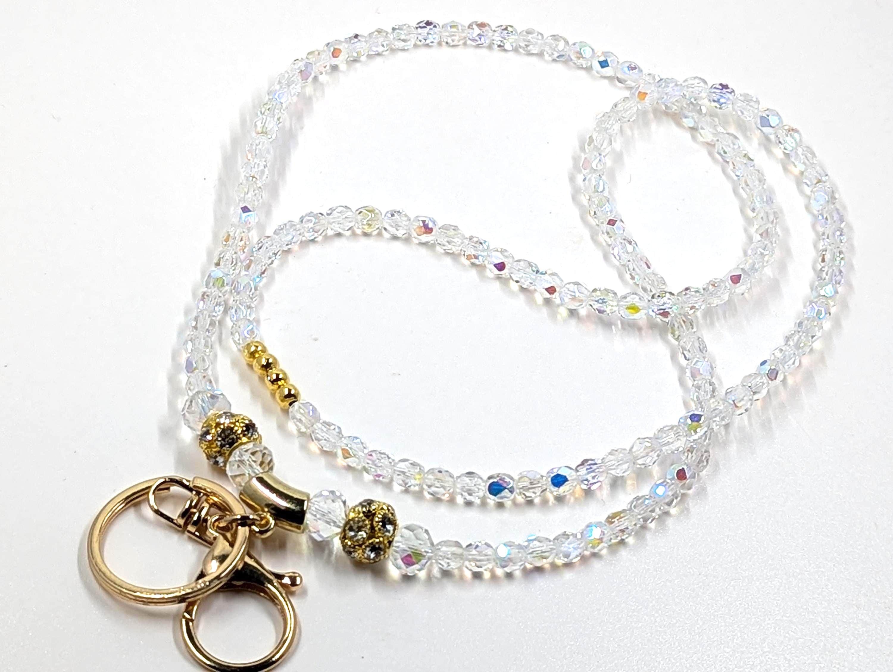 Bling Lanyard: Czech Fire Polished AB Crystal Rhinestone Disco Balls, Gold Badge Holder Length Variations