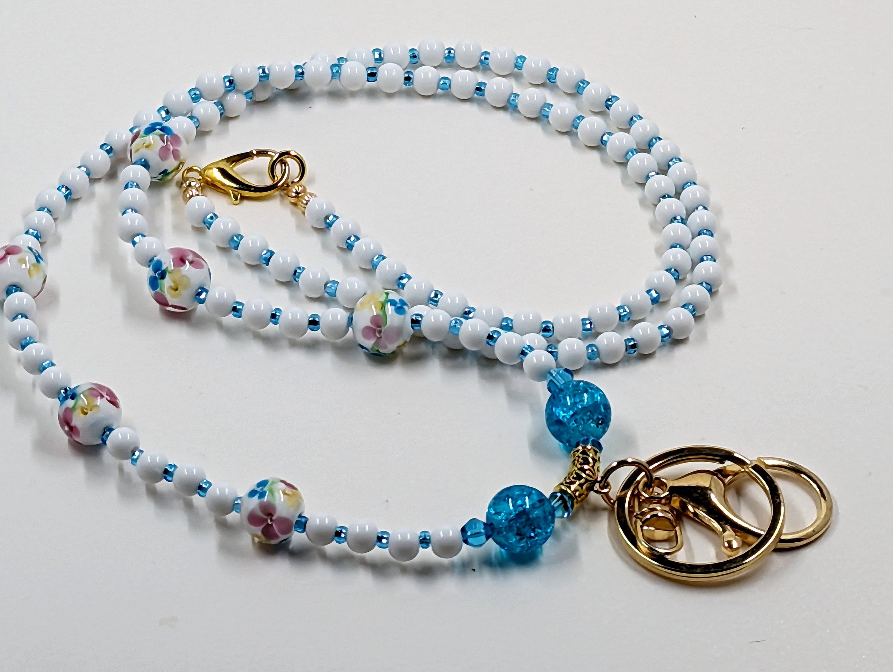 Beaded Lanyard: White, Flower, and Crackle Glass Beads length variations