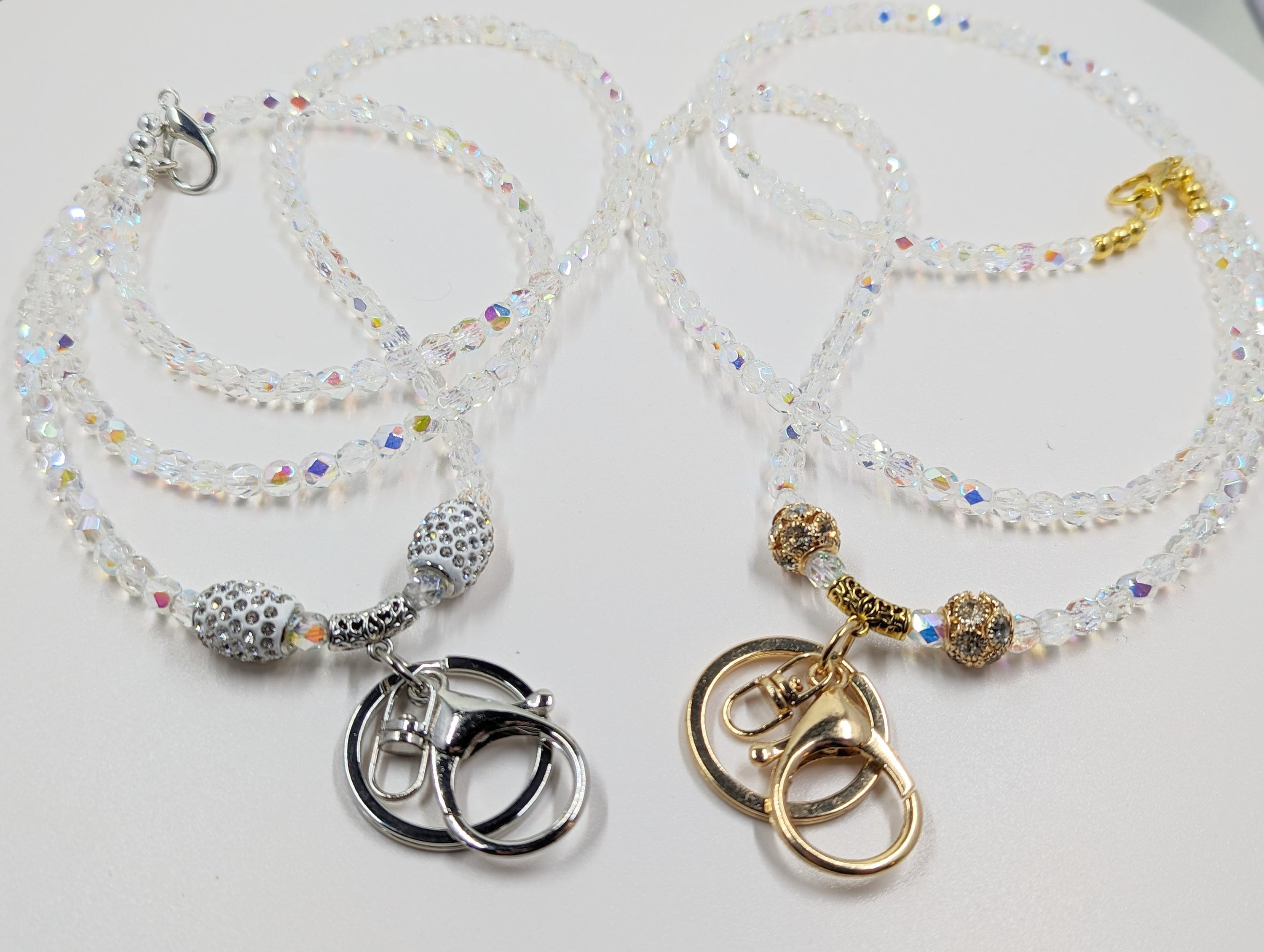 Bling AB Czech Fire Polished Crystal Lanyard Aurora Boreallis: Silver or Gold Length Variations