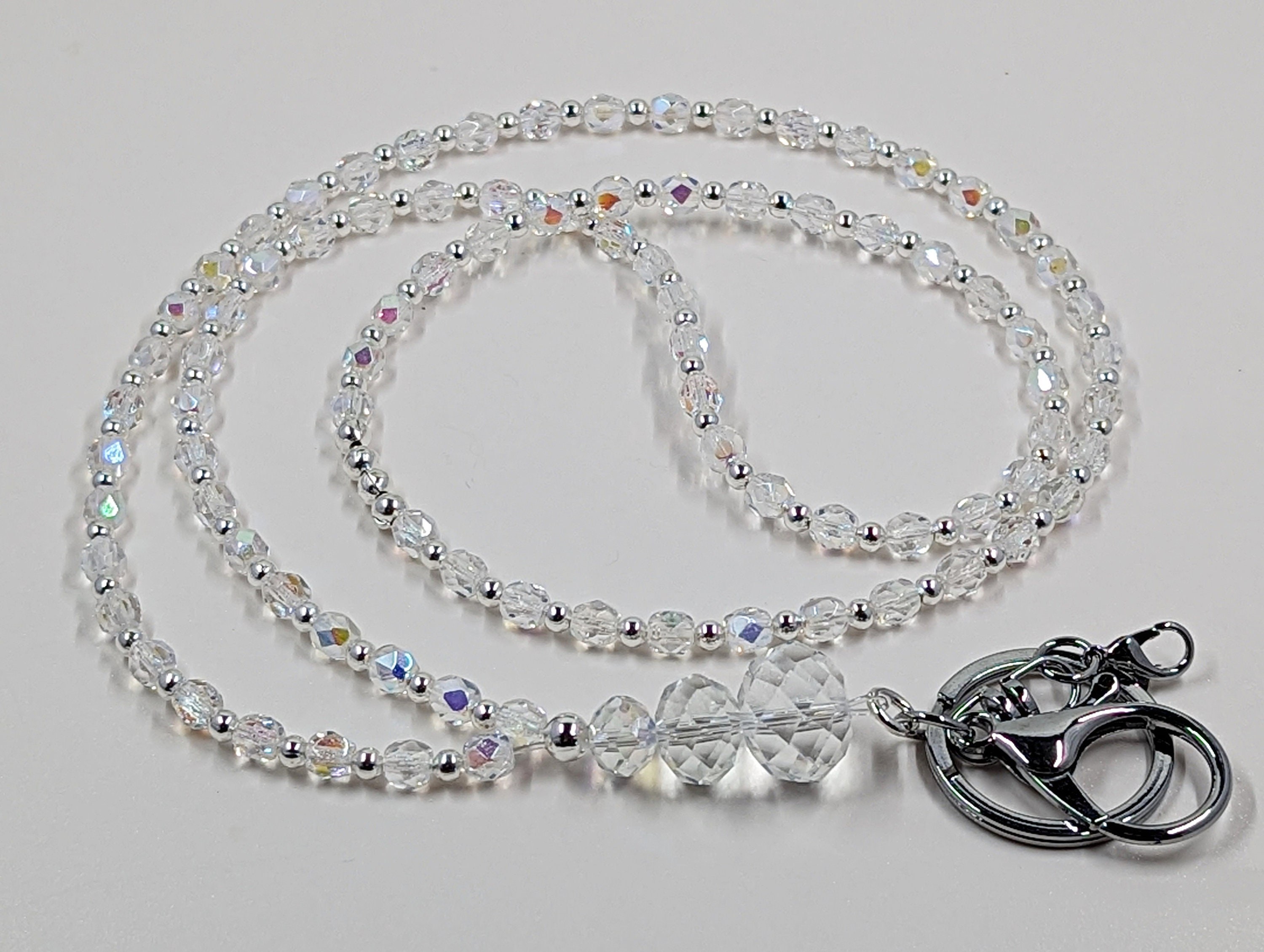 Lanyard Handmade AB Czech Fire Polished Faceted Crystals Aura Borealis-Sparkling Badge Holder, Chain Gift-Variations