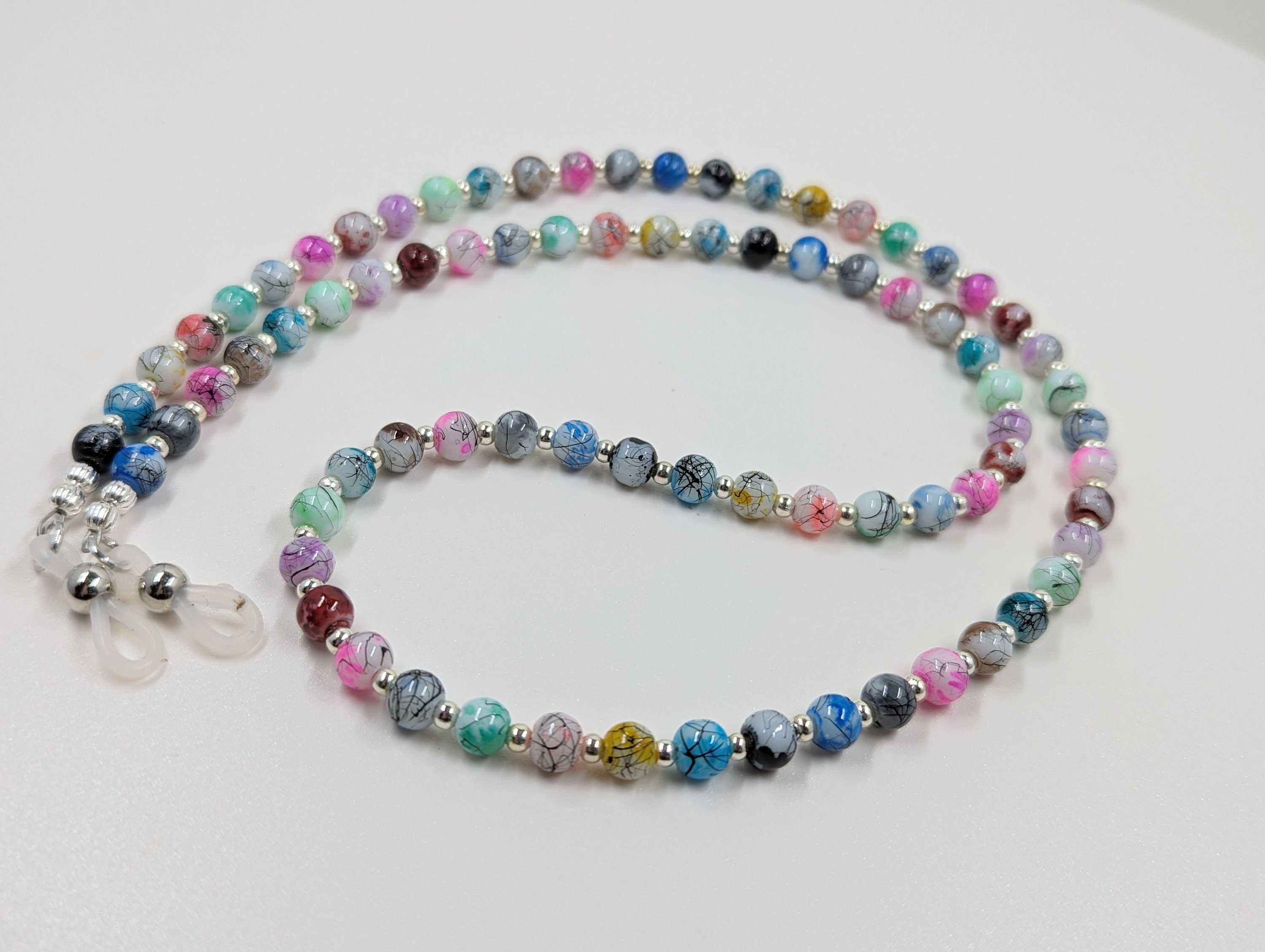 Dragon Vein Beaded Eyeglasses Chain: Assorted Colors, Silver Accents, 26"