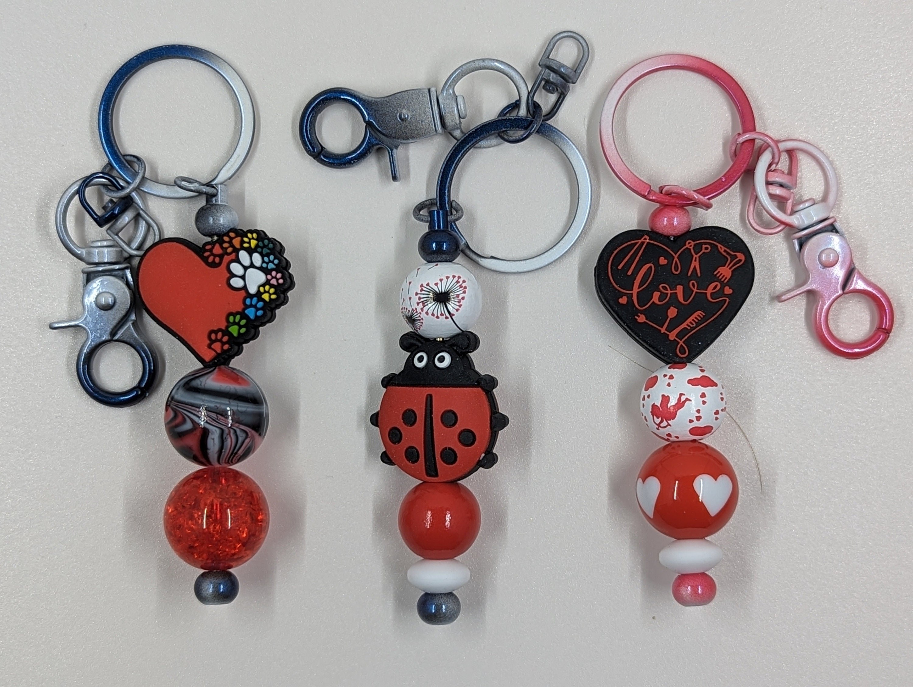Beaded Keychain: Silicone Heart, Dog Paw, Ladybug Purse Charm