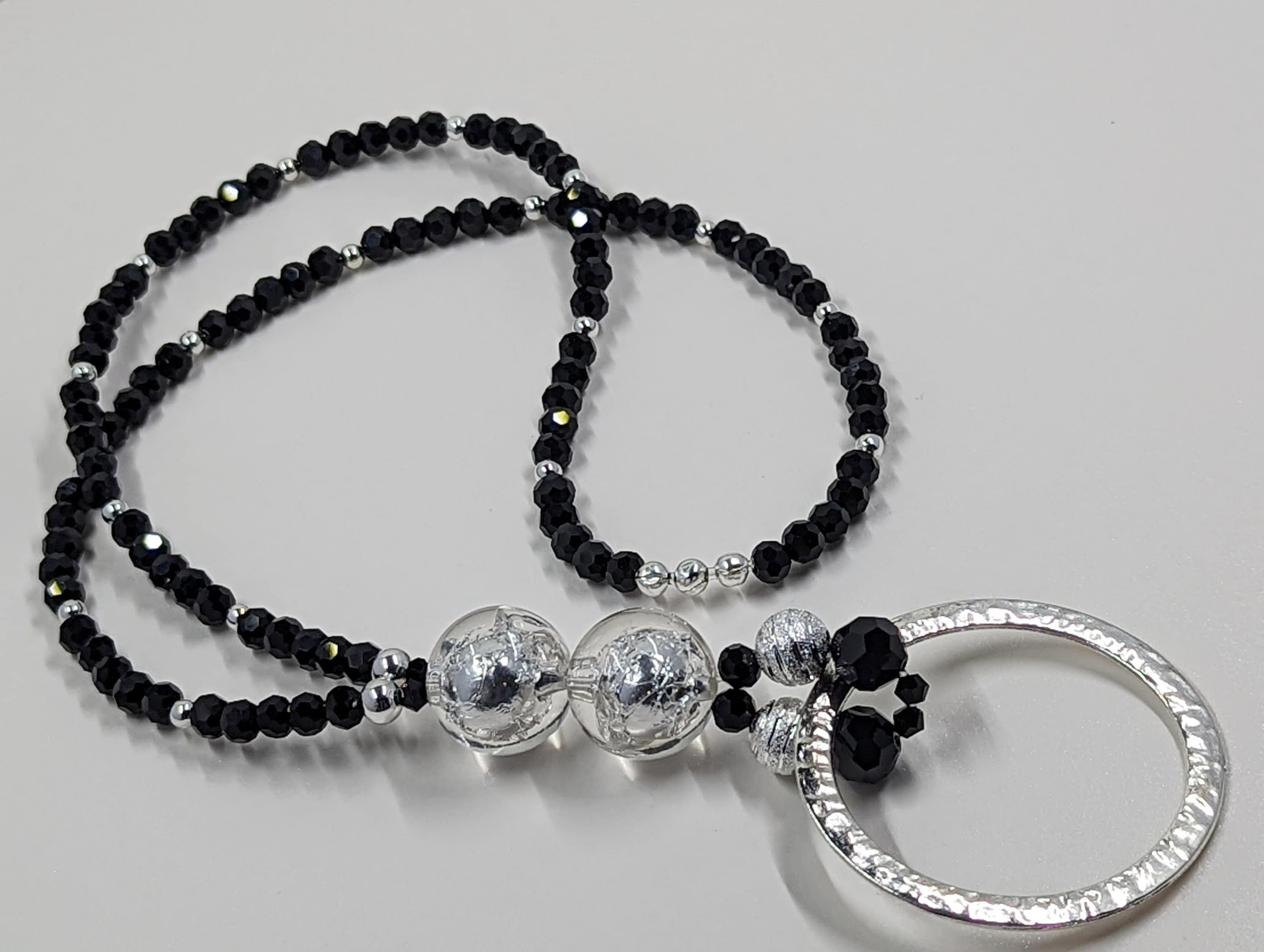 Black Austrian Crystal Eyeglasses Holder Chain: Silver Cellophane Bead Lanyard