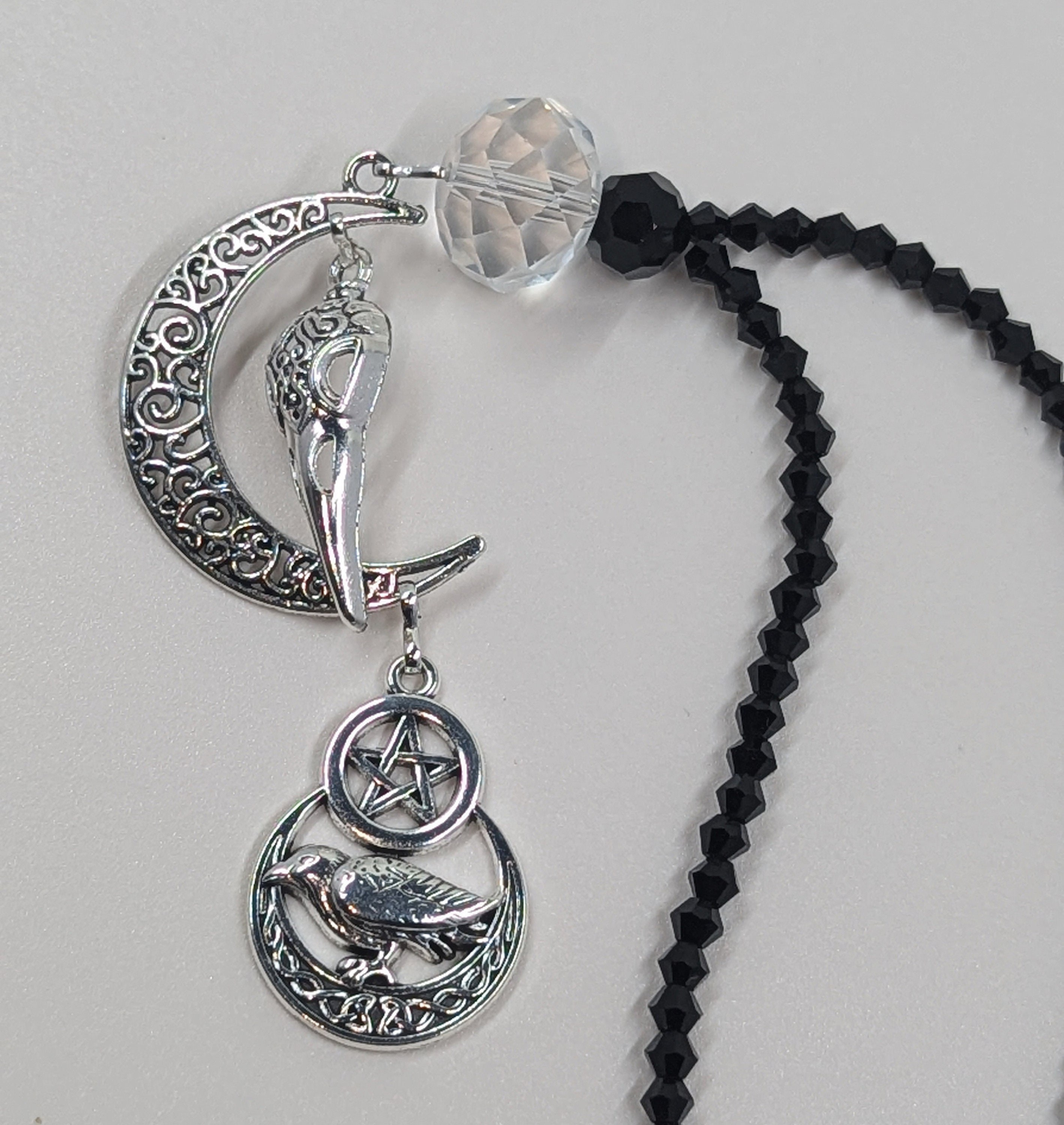 Crow Moon Rear View Mirror Charm: Pentagram, Black Austrian Crystals