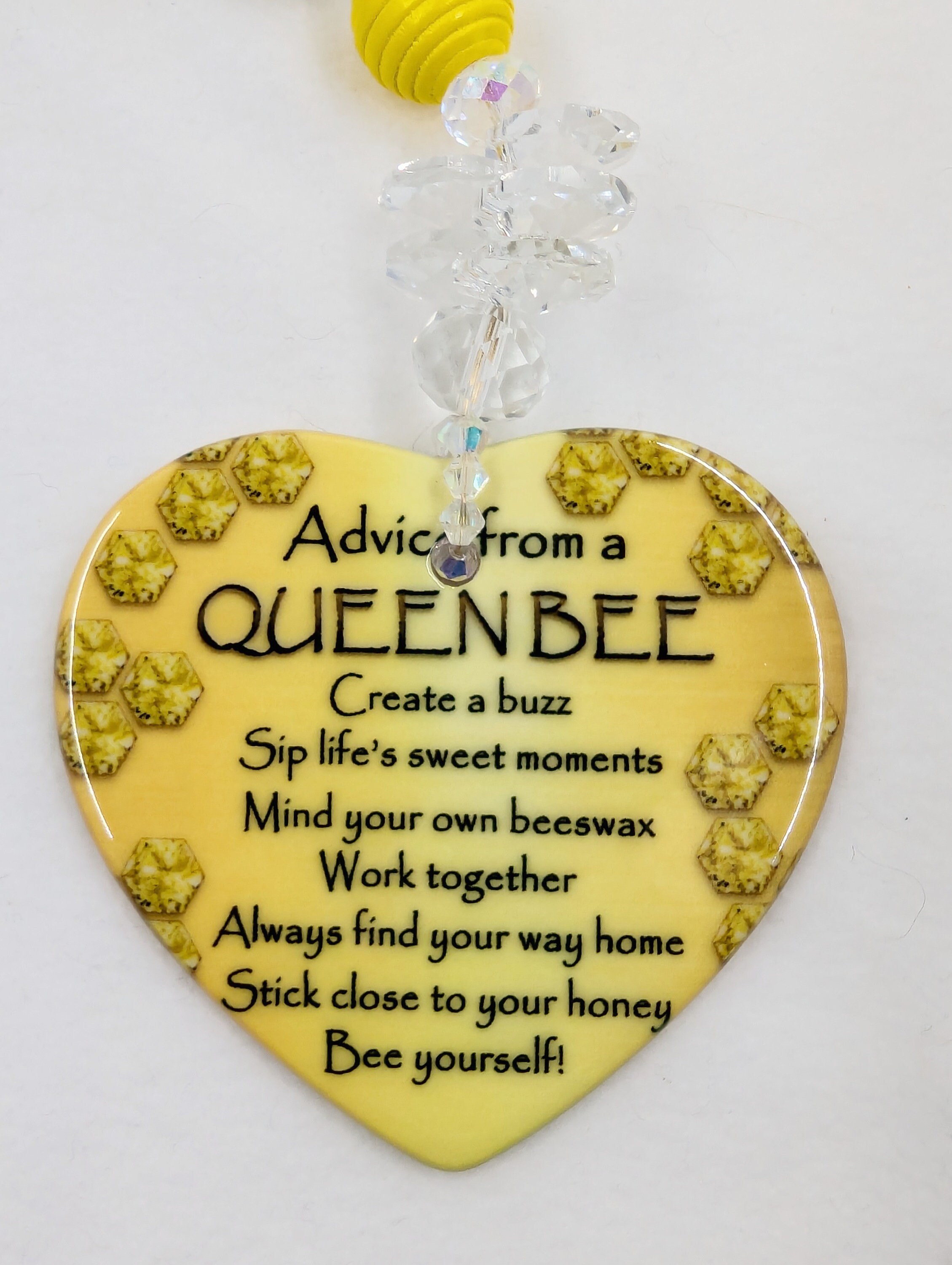 Queen Bee Car Charm: 2 sided Porcelain Heart, AB Crystals, Honeycomb Accent