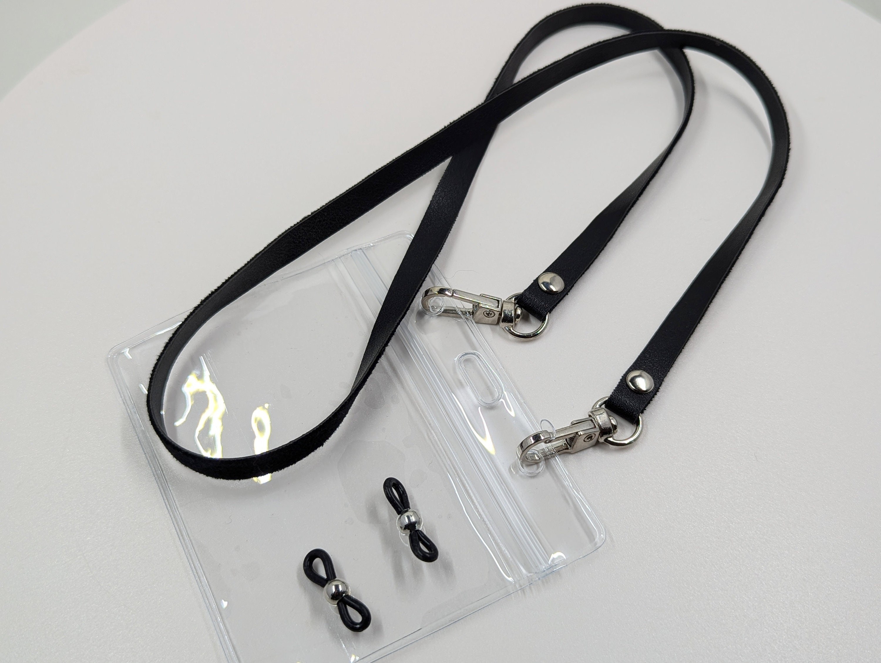 Black Leather Eyeglass Chain: Badge I.D. Lanyard Mask Chain