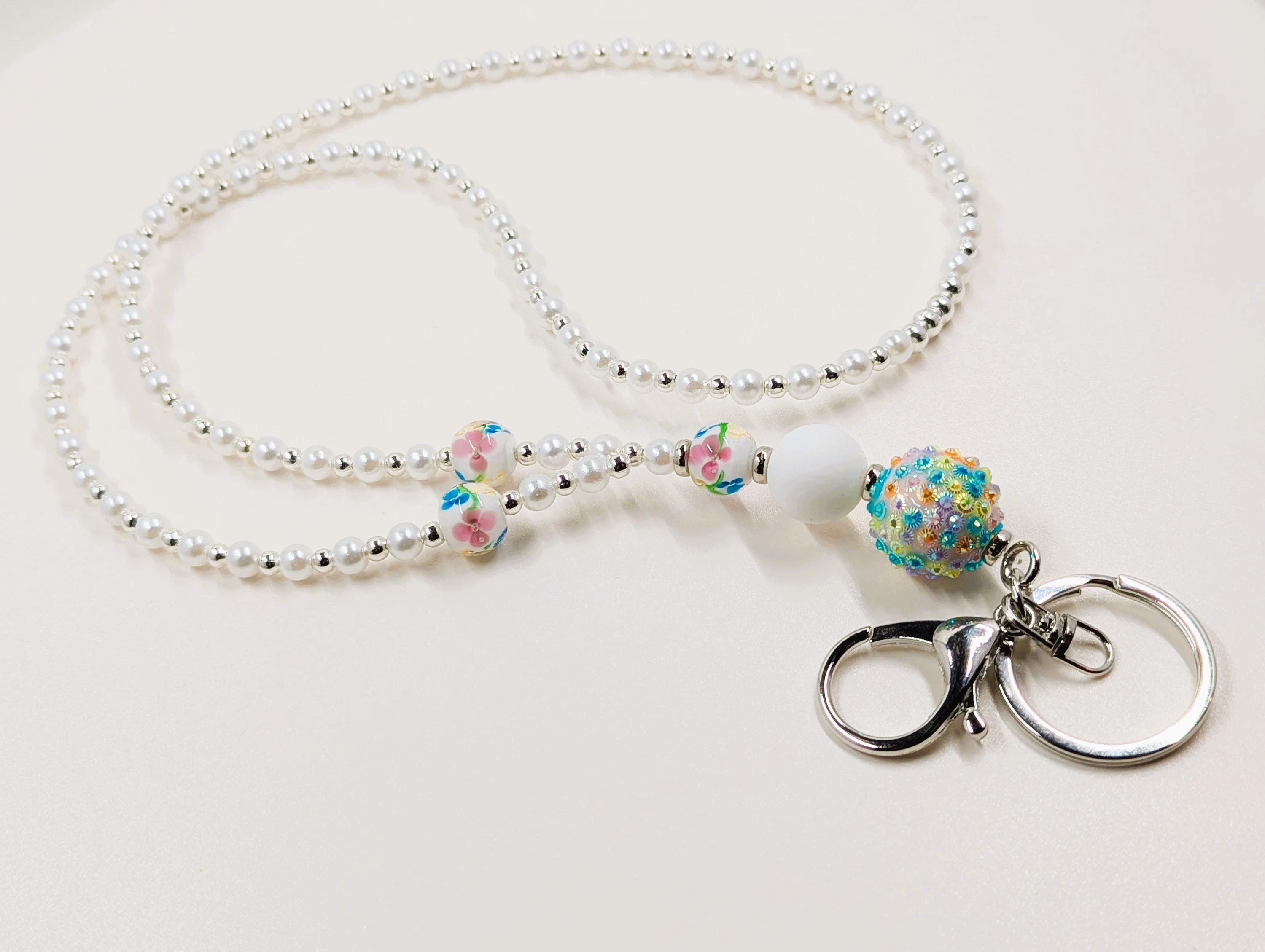 Beaded Lanyard: Flower, Pearl, and Silver Accents - length variations