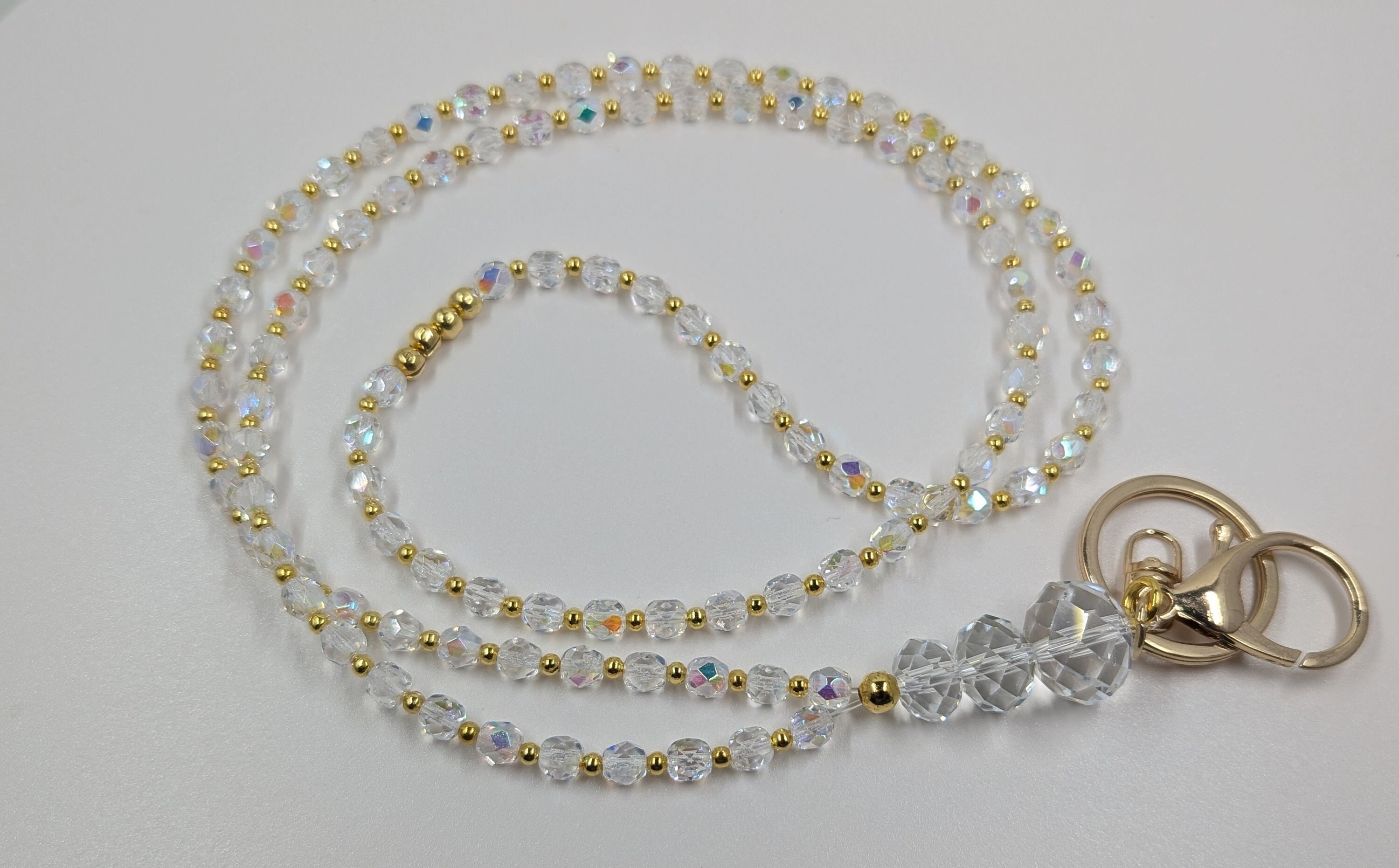 Handmade AB Czech Fire Polished Crystal Lanyard Aurora Borellis : Variations Badge I.D. Gold Keyring