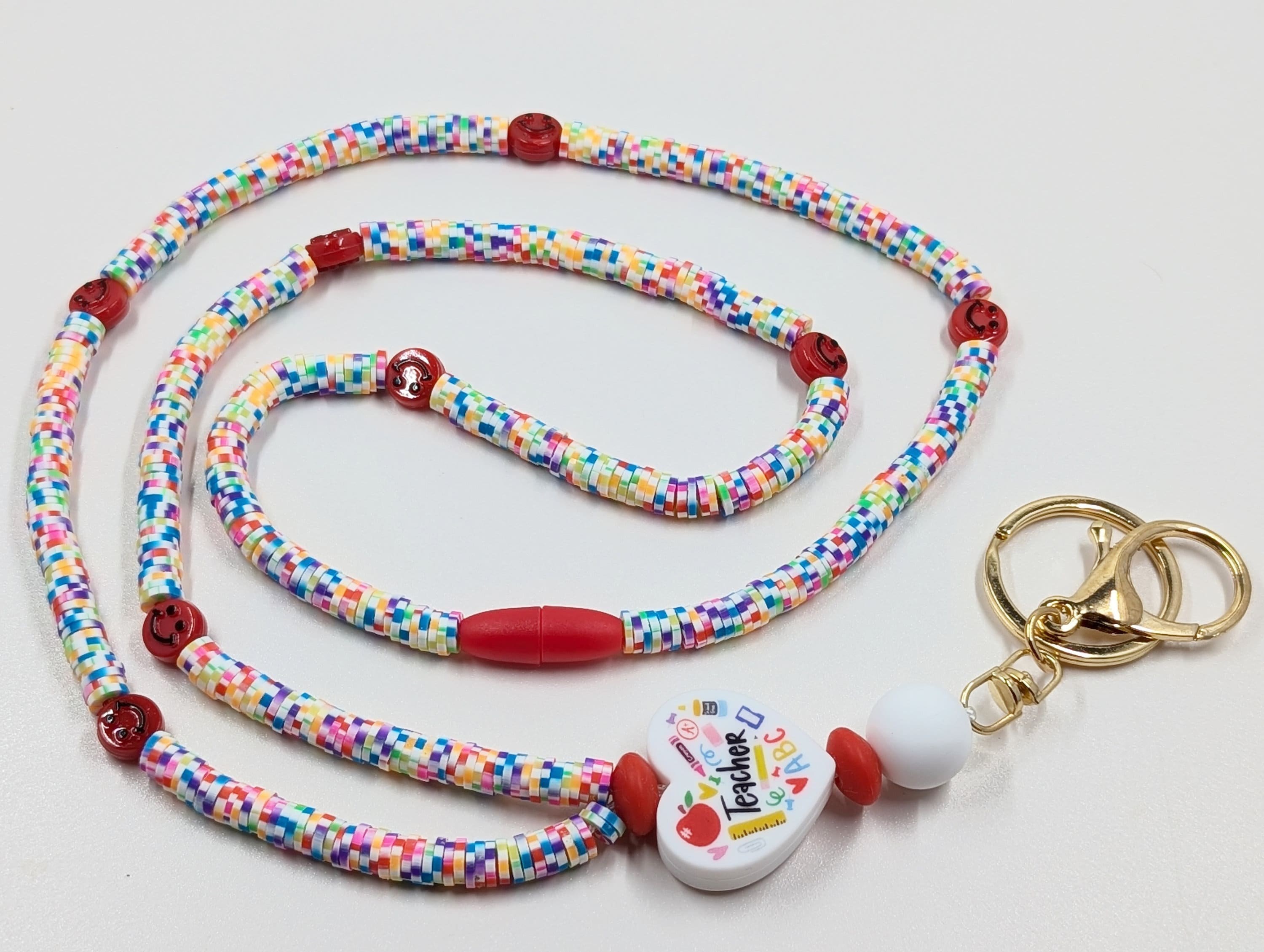 Teacher Lanyard: Rainbow Clay Beads, Smiley Faces, Break Away Clasp length variations