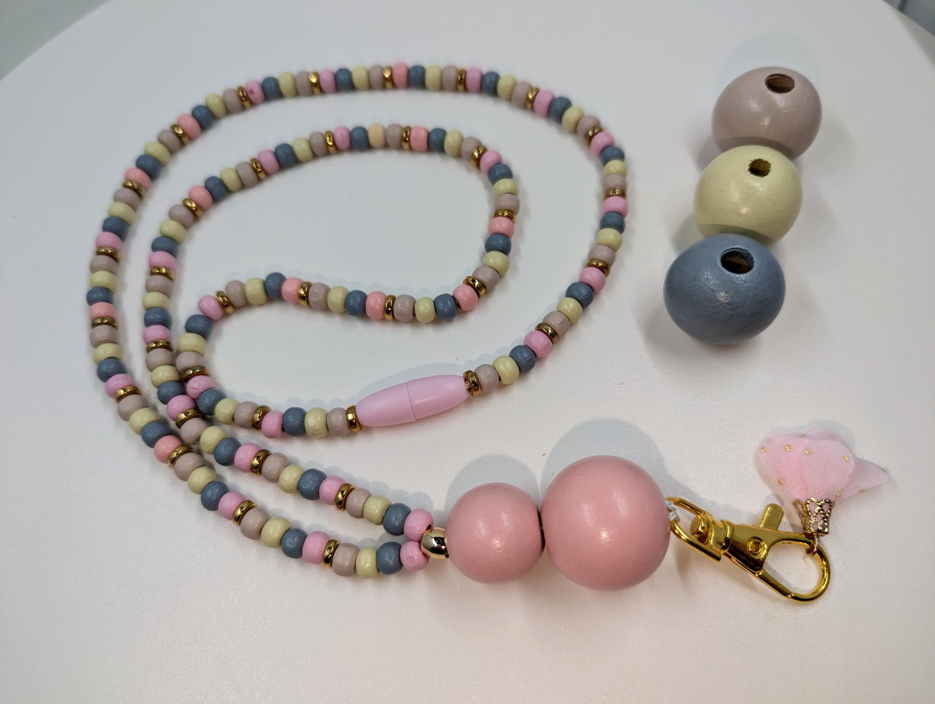 Wood Bead Lanyard: Pastel Colors, Gold Accents, Break Away Clasp length variations