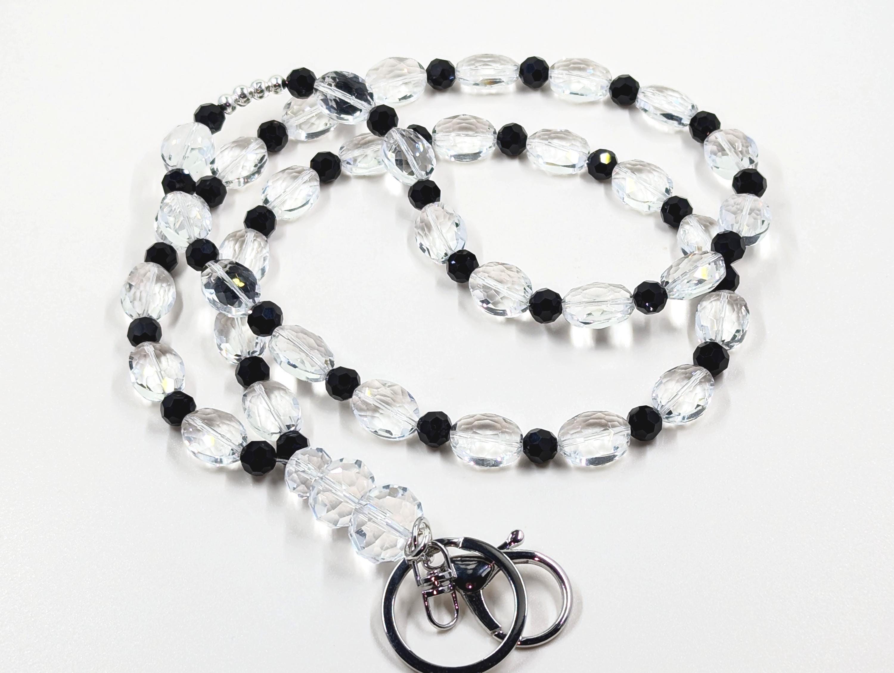 Czech Black Crystal Lanyard: Black & Clear Beads, Durable Women's Accessory length variations