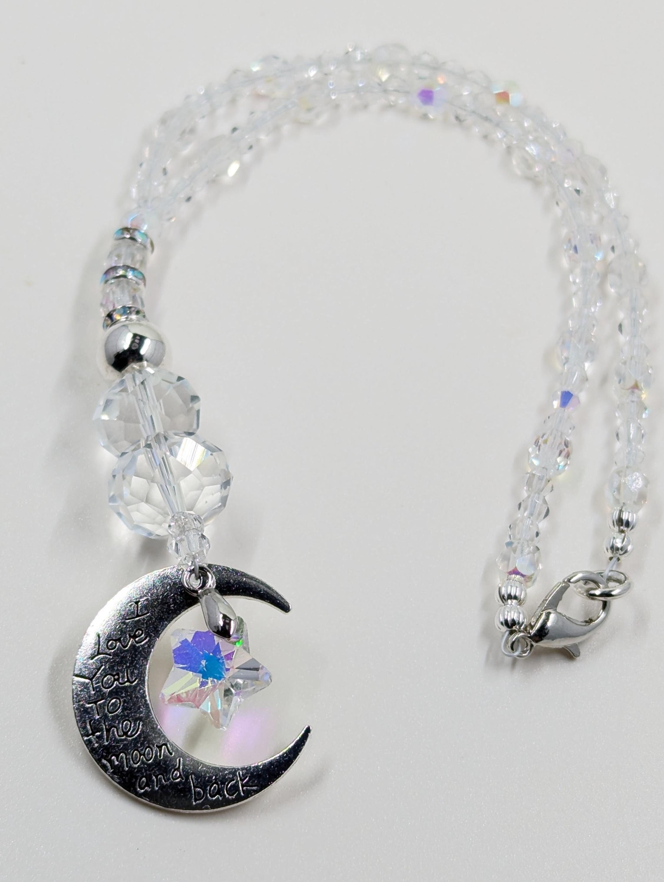 Moon & Star Car Charm: Love you to the Moon and Back AB Crystal Rhinestone Rear View Mirror Decor Gift