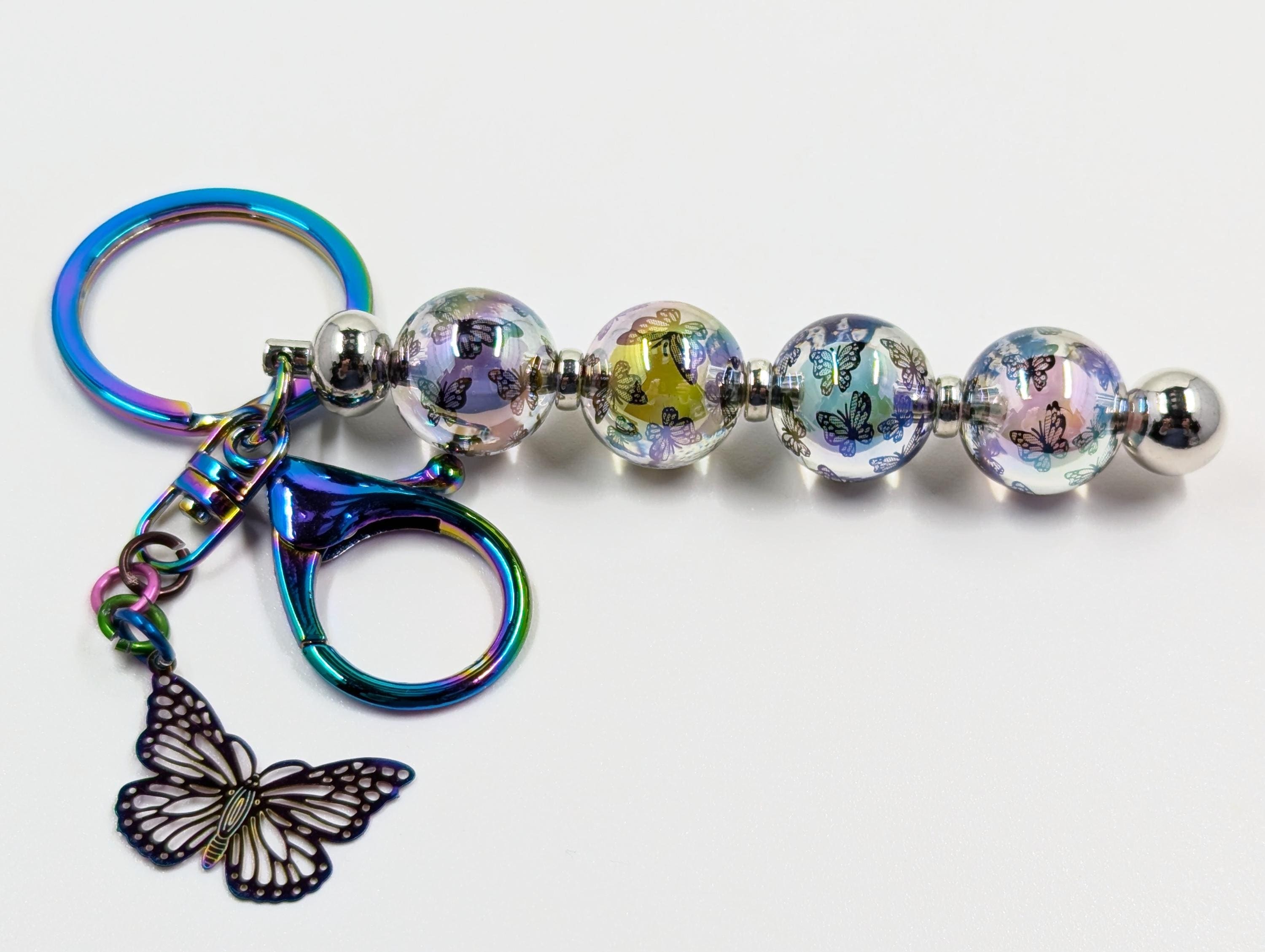 Butterfly Keyring: Rainbow Hydrographic Beads, Car Keys Accessory