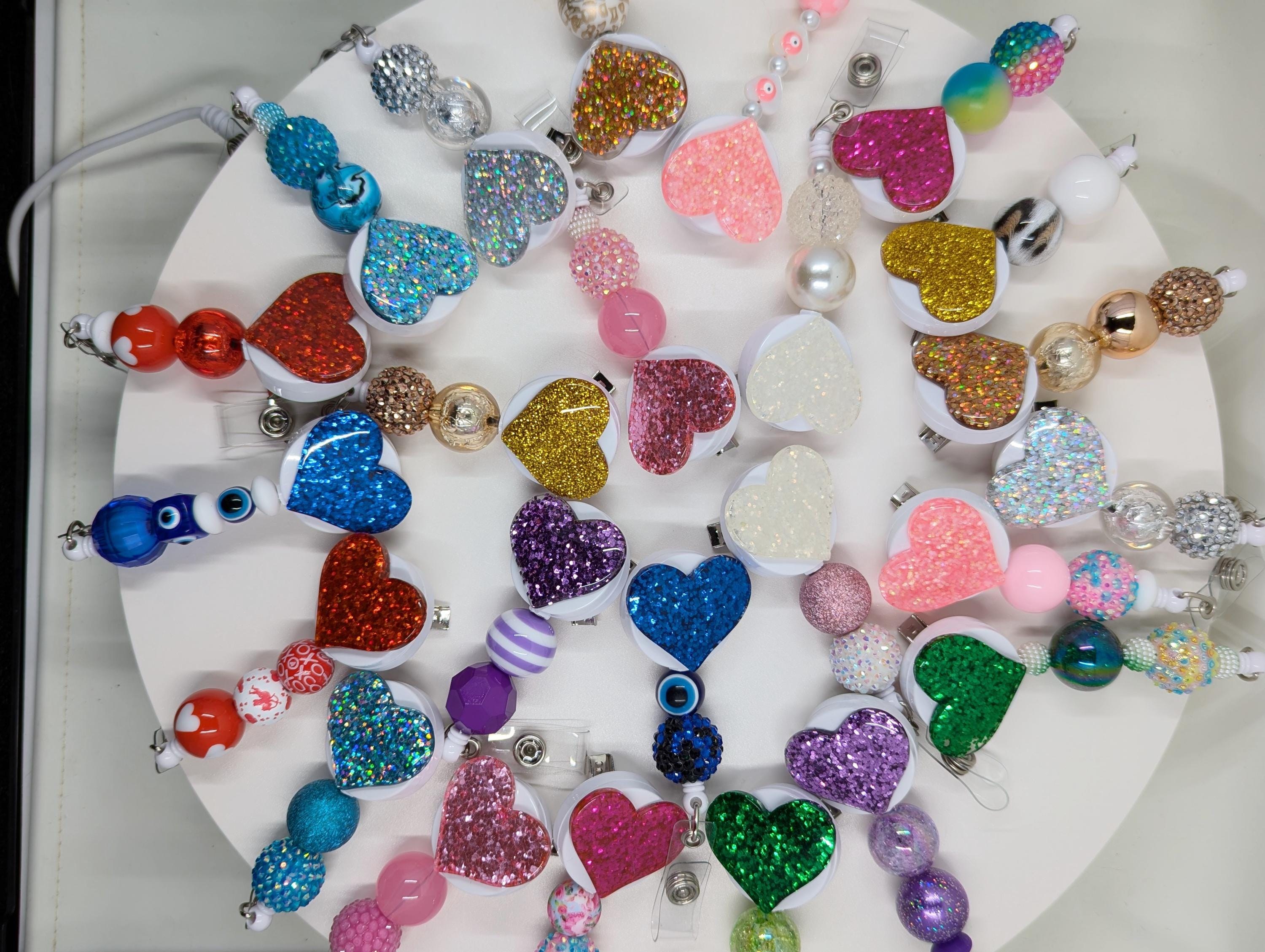 Heart Beaded Badge Reel: Retractable Bling I.D. Clip
