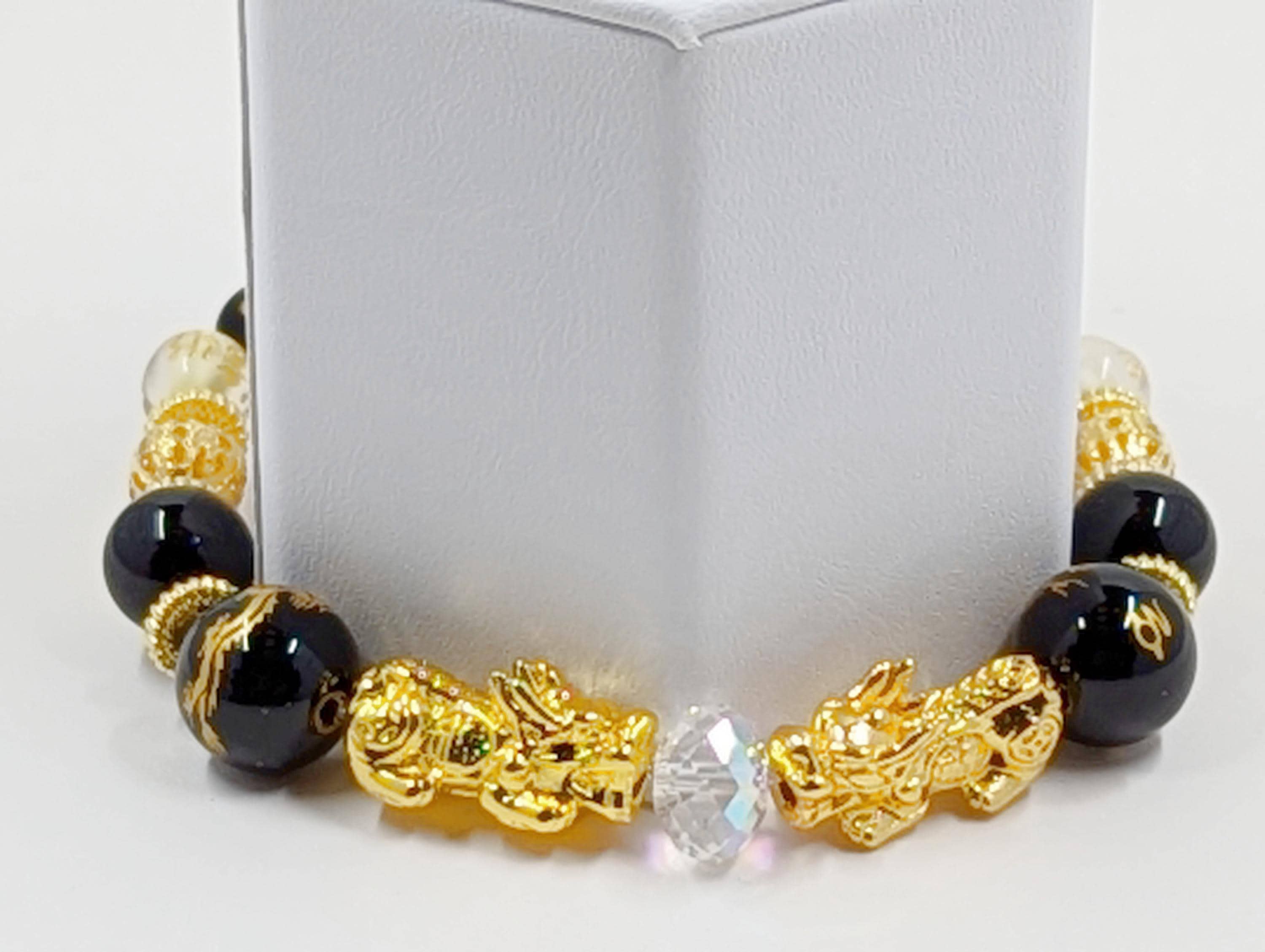 Pi Xiu Dragon Bracelet: Black Obsidian, 14Kt Gold Plated Feng Shui Amulet