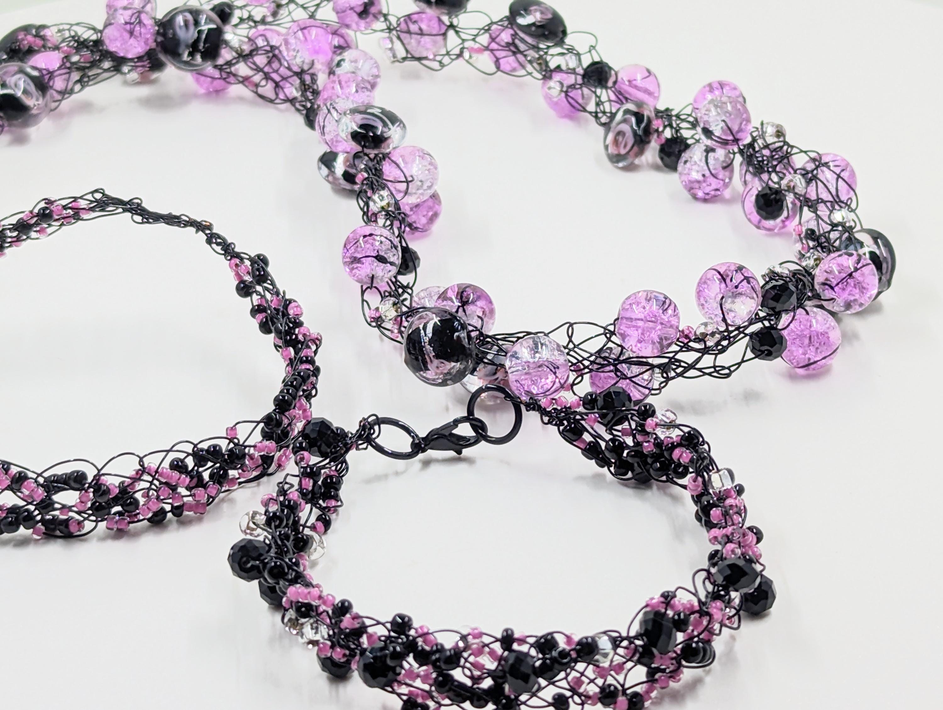 Necklace/Bracelet Black Wire Crochet Beaded Set: Black Austrian Crystals, Pink Dragon Beads