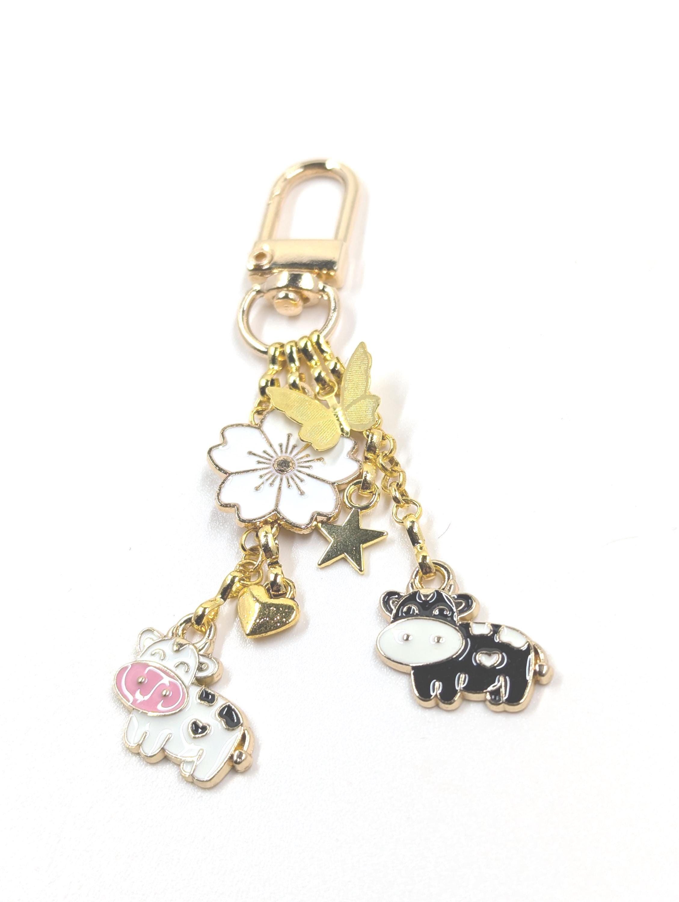 Cow Purse Charm: Gold Chain Zipper Pull with Heart, Star & Flower