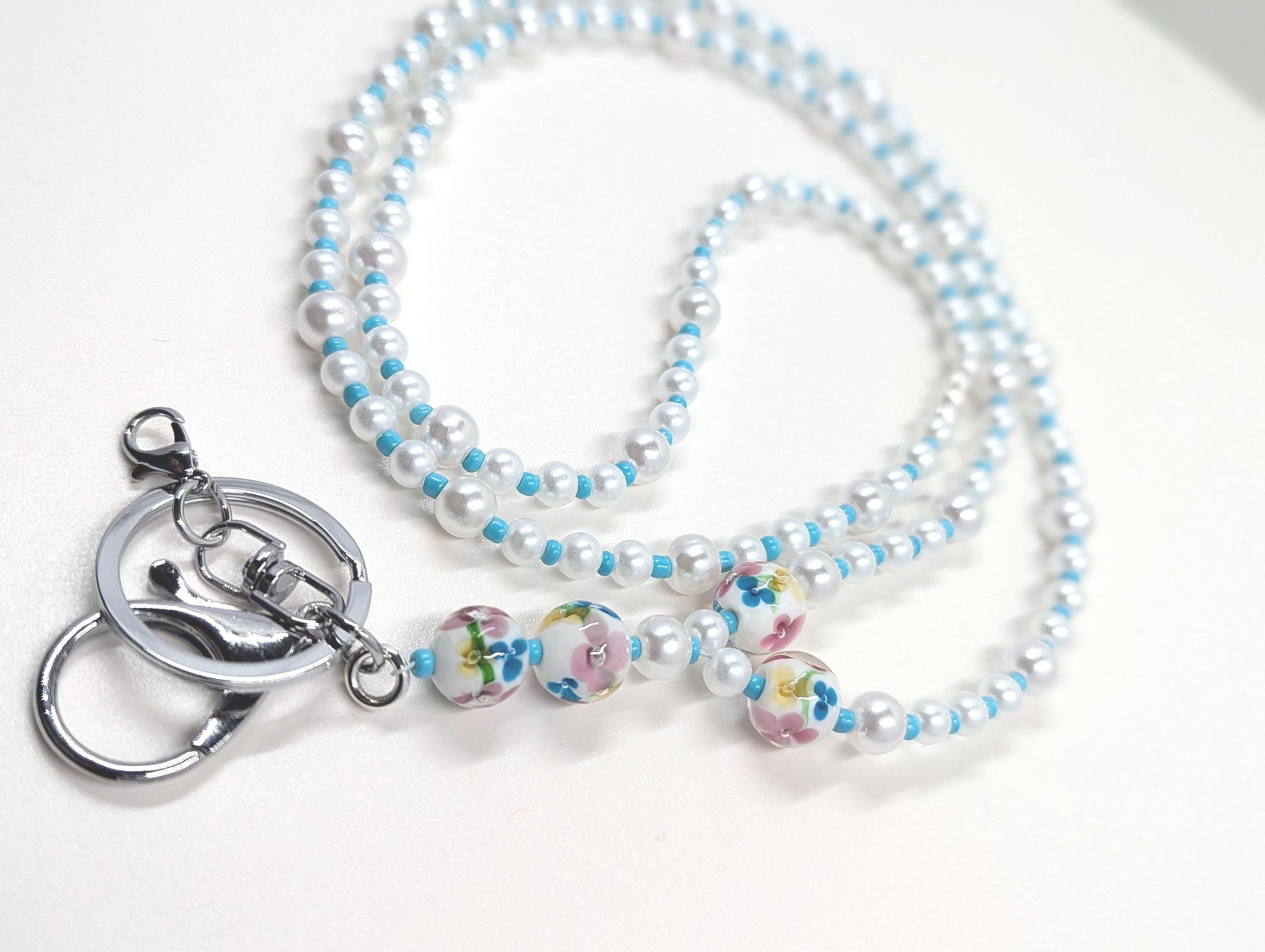 Floral Beaded Lanyard Necklace: Pearls, Turquoise Accents - Teacher, Nurse, Student