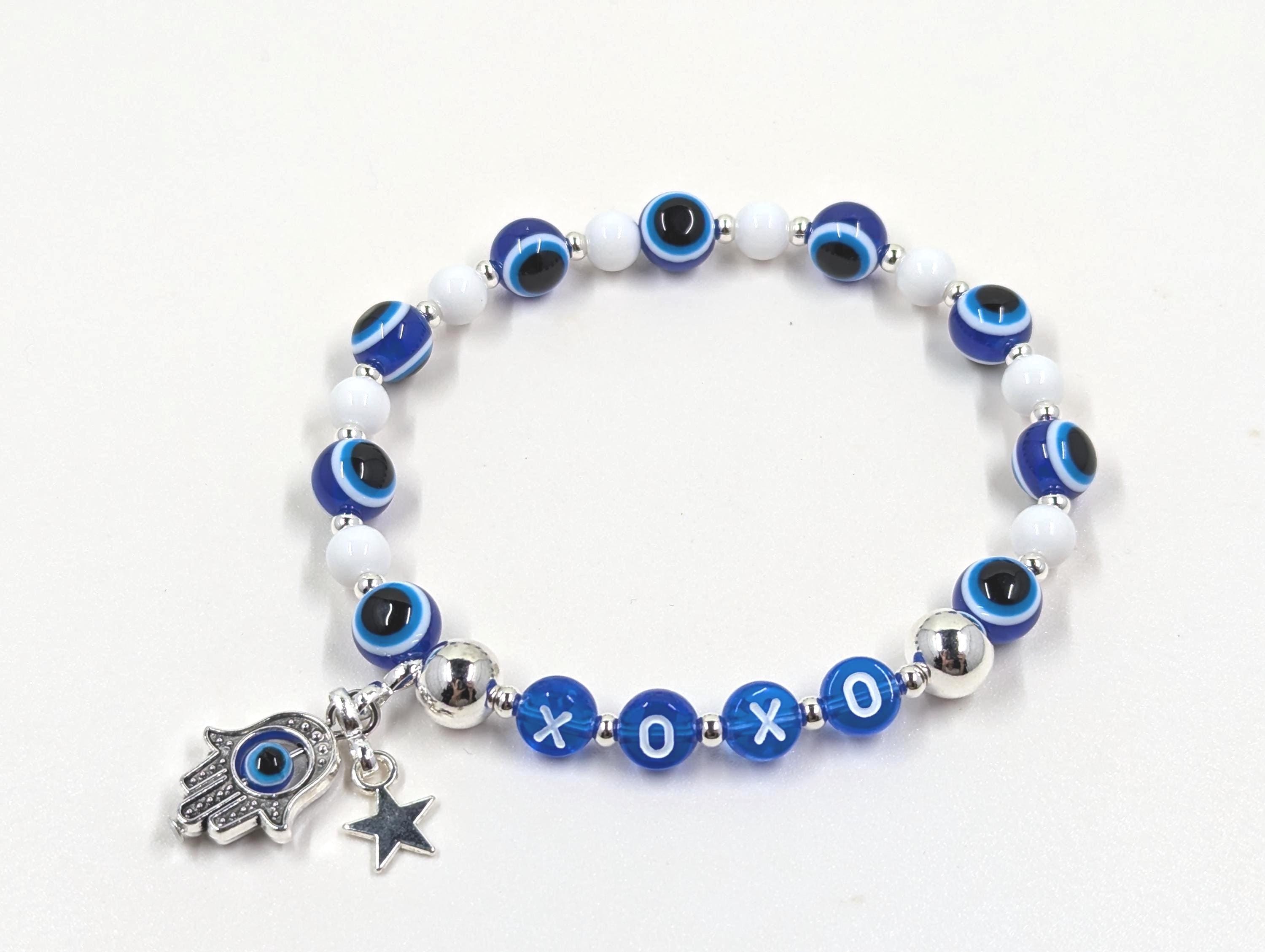 Evil Eye Bracelet: Hamsa Hand, Star Charm, Acrylic Beads personalized