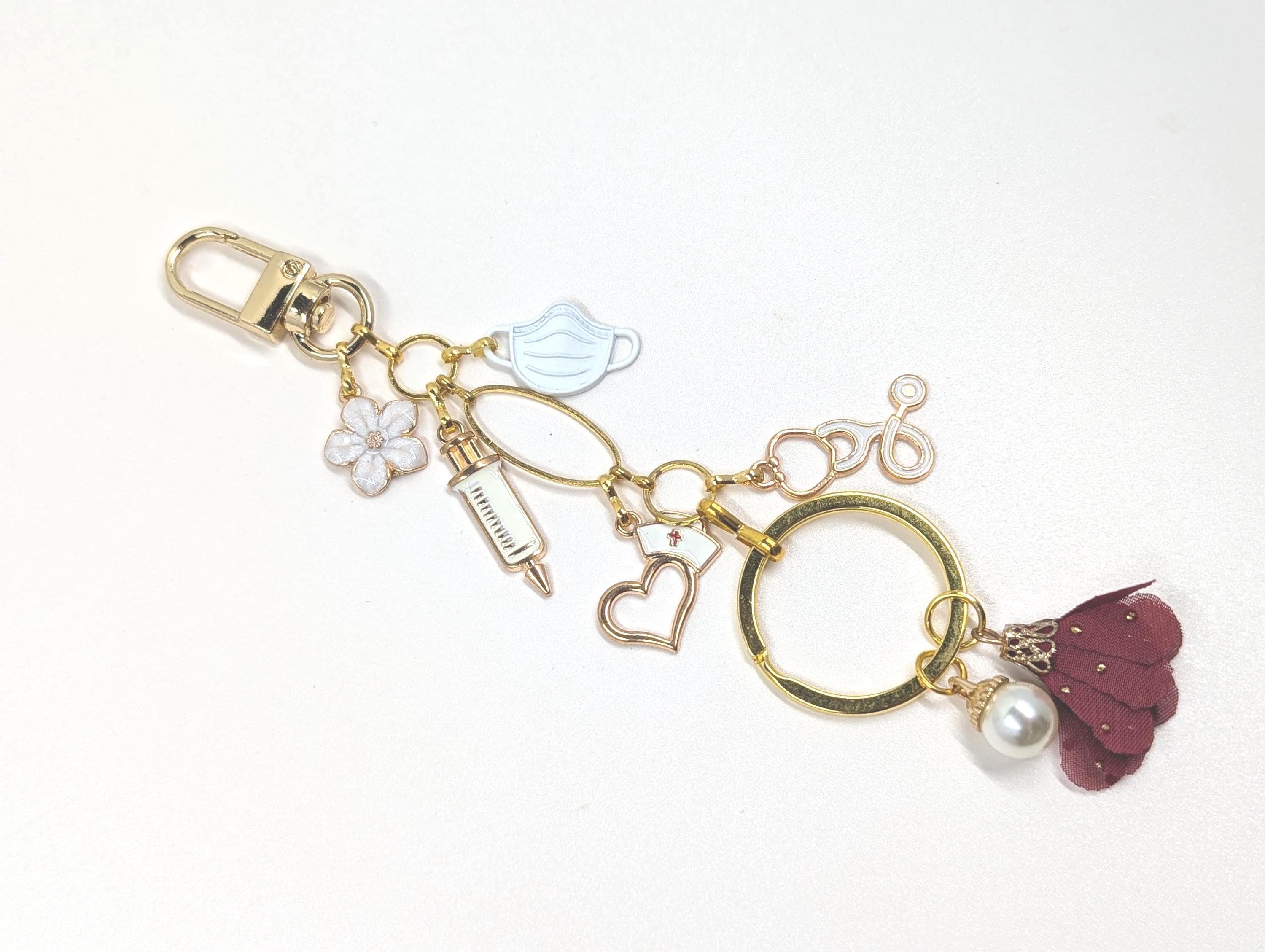 Nurse Keyring Charm Purse: Rose, Heart & Pearl