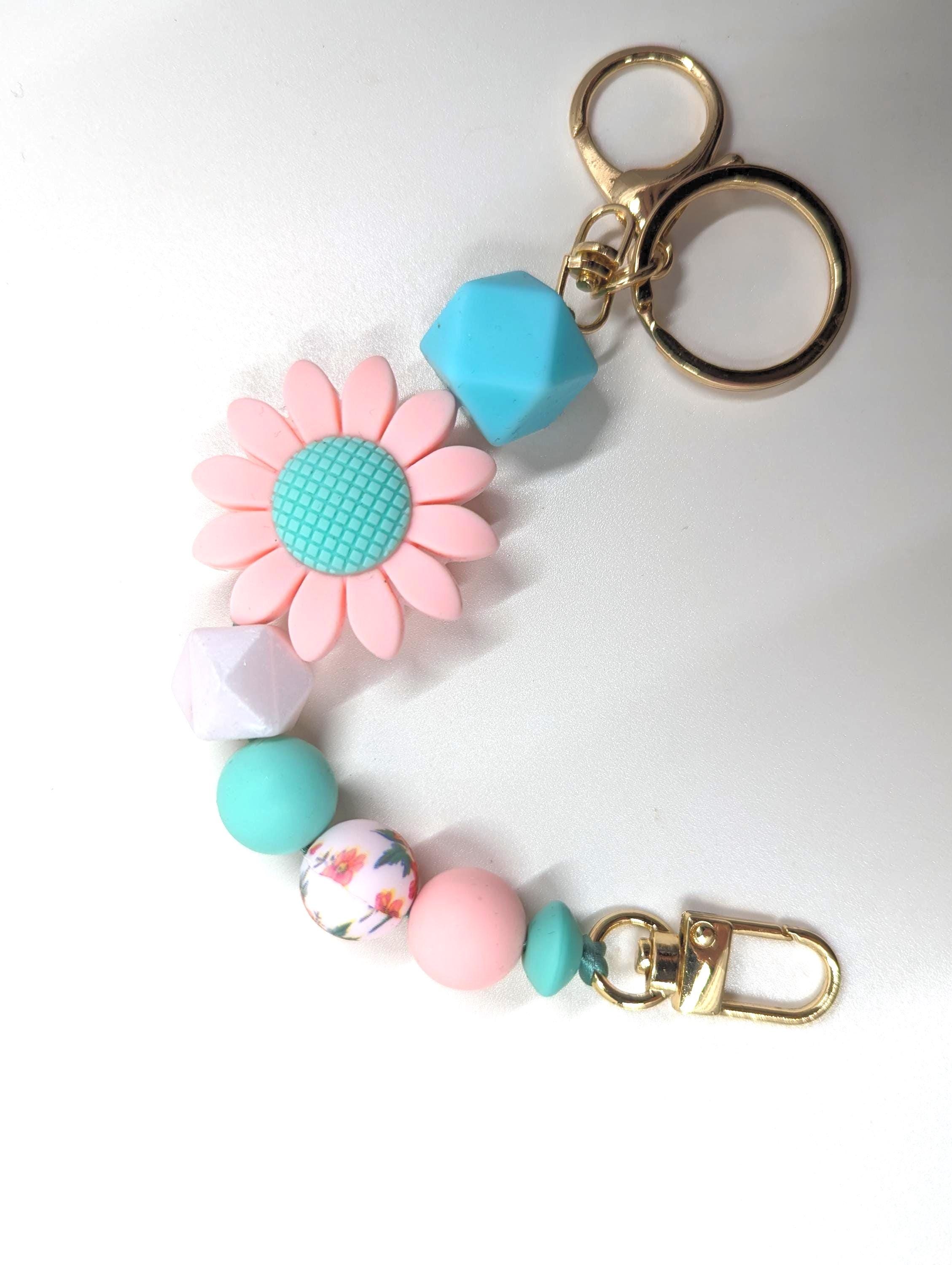 Floral Silicone Bead Keyring: Pink, Teal & White - Women's Car Accessory