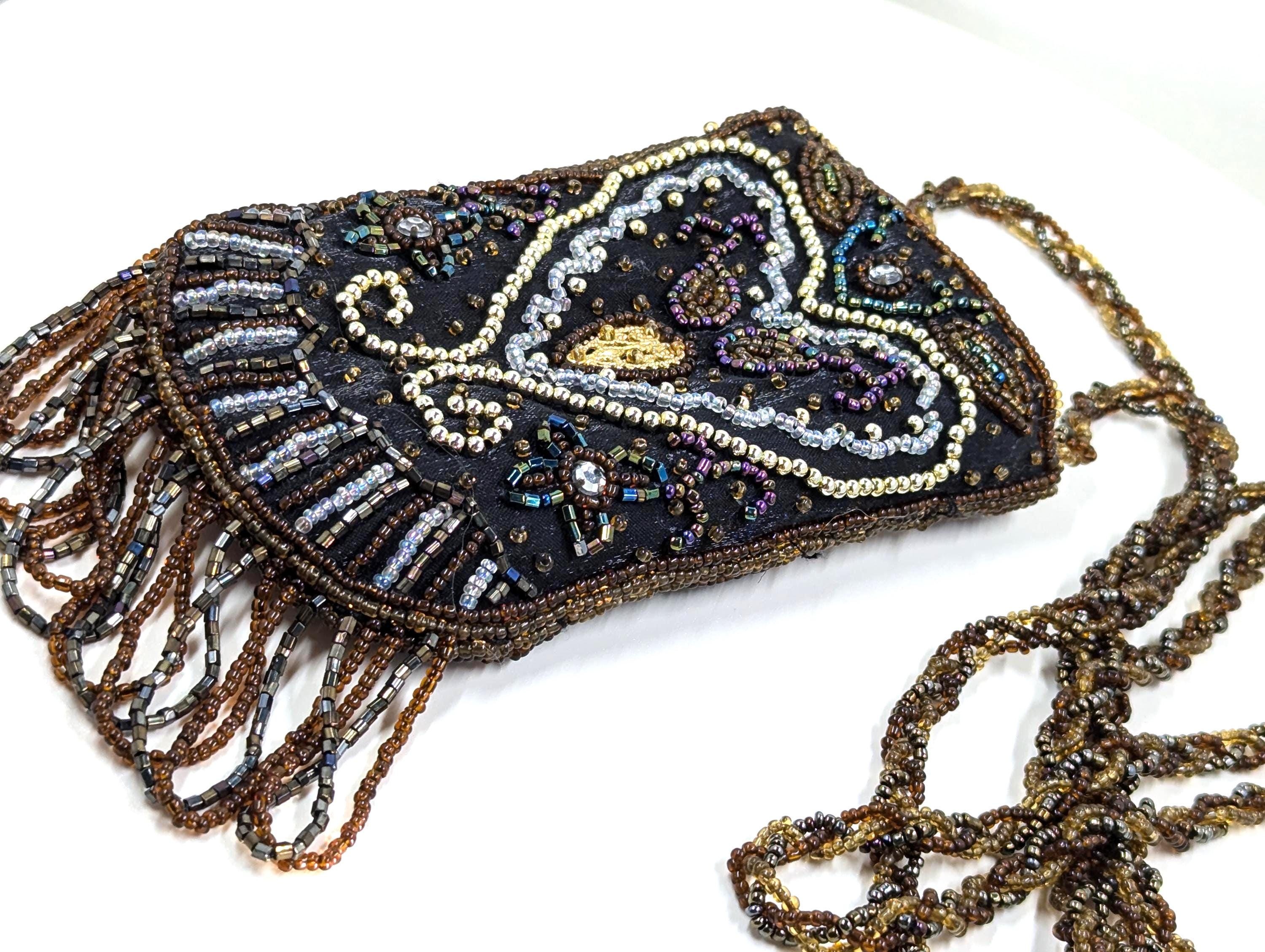Handmade Seed Bead Crossbody Purse, Glasses Case, Silk Interior
