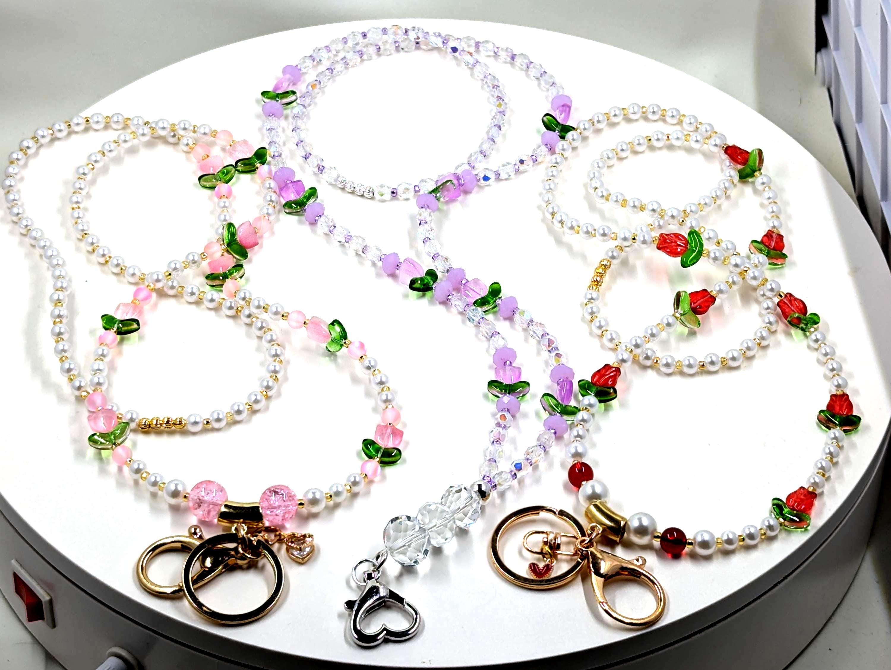 Beaded Lanyard, AB Czech Fire Polished Crystals Aurora Borellis, Pearls, Flowers, Spring Summer Gift- 3 to choose from gift size Variations