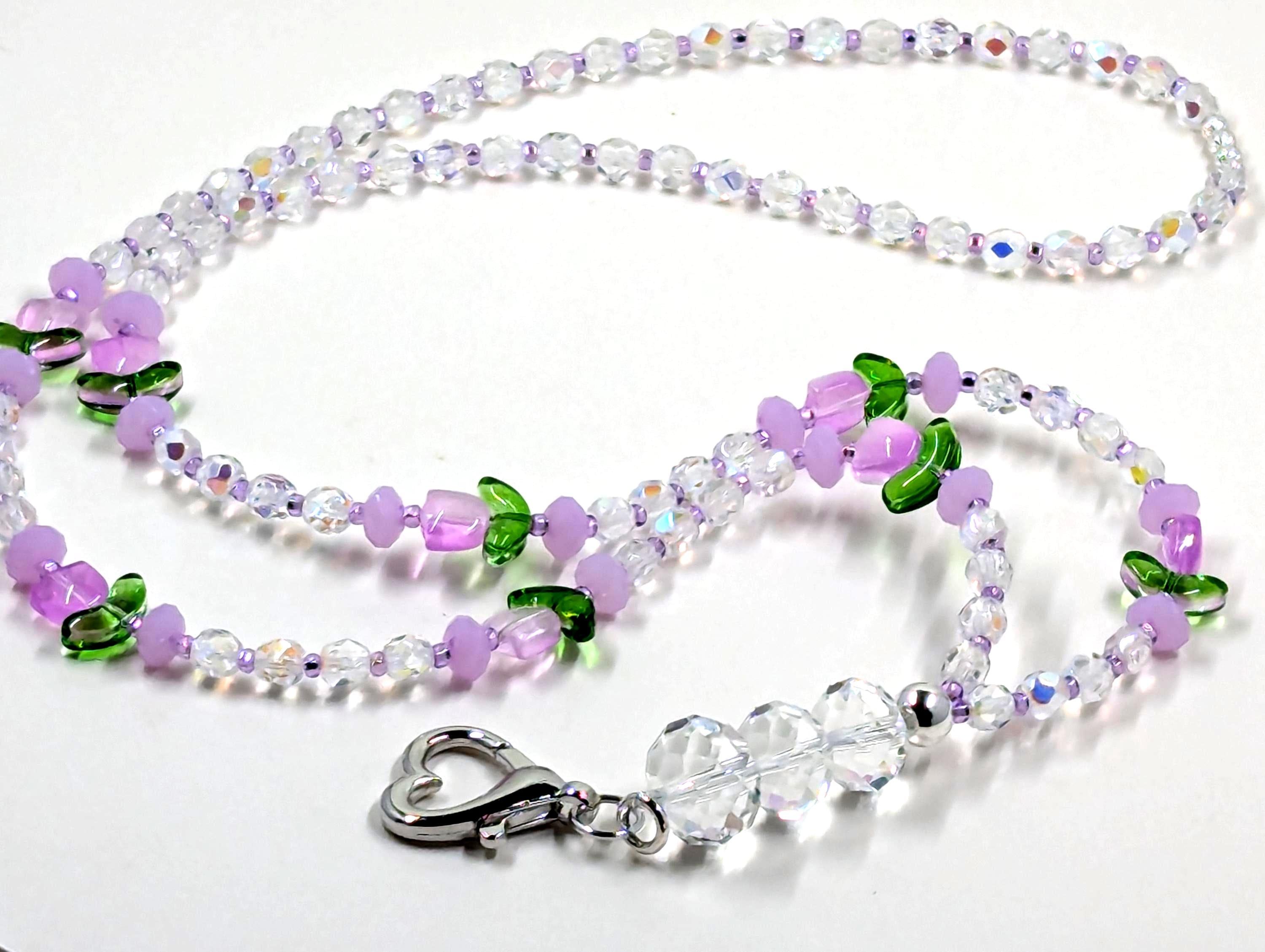 Czech AB Crystal Fire Polished Beaded Lanyard Aurora Borellis, Purple Flower Accent, Heart Clasp Summer, Spring Gift Variations