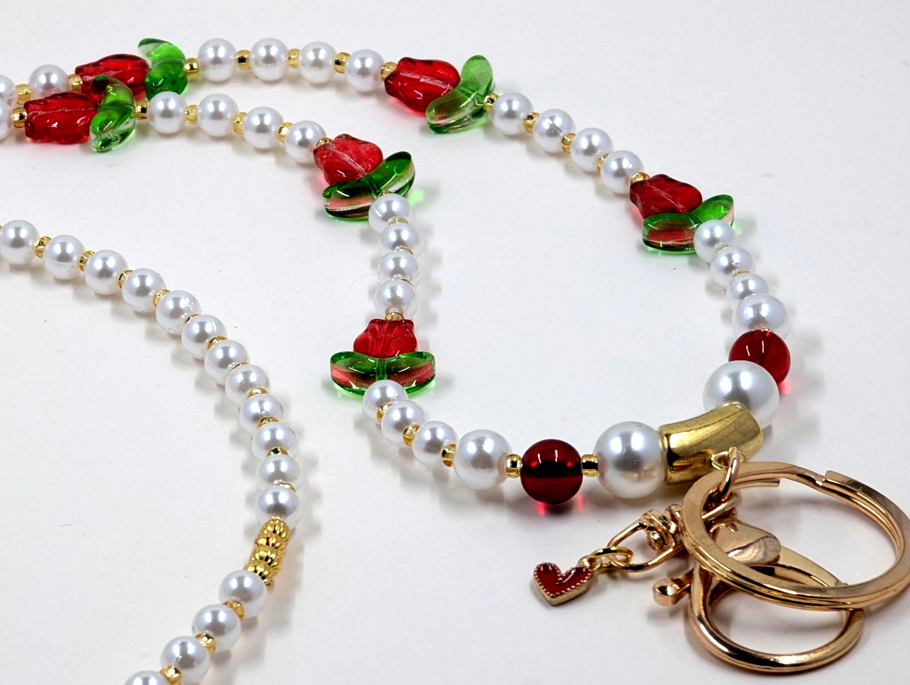 Lanyard Pearl with Red Flower Beads and Heart Charm Spring Summer Gift