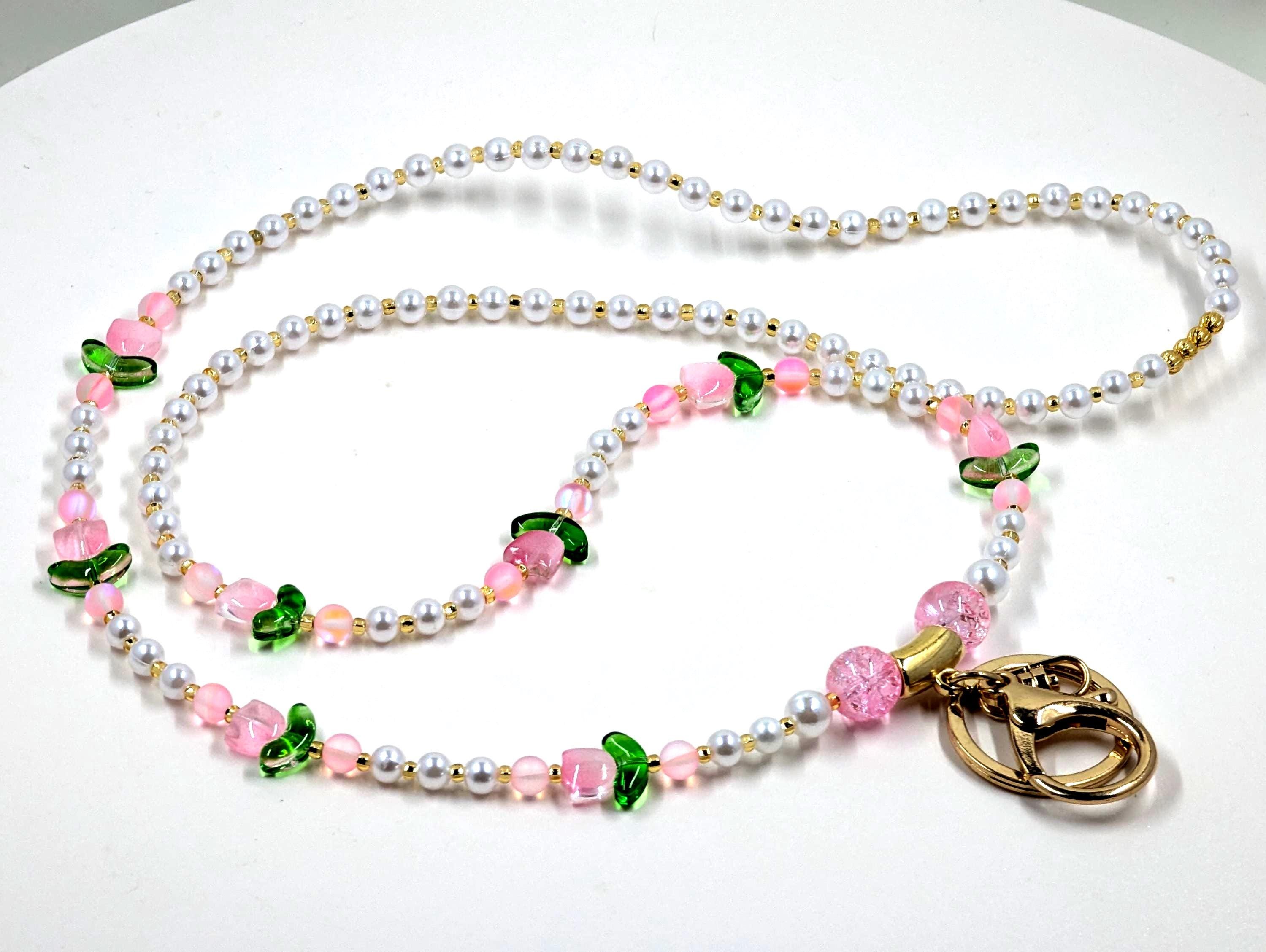 Pearl Lanyard, Pink Flower Beads, Crystal Heart Charm, Summer, Spring gift