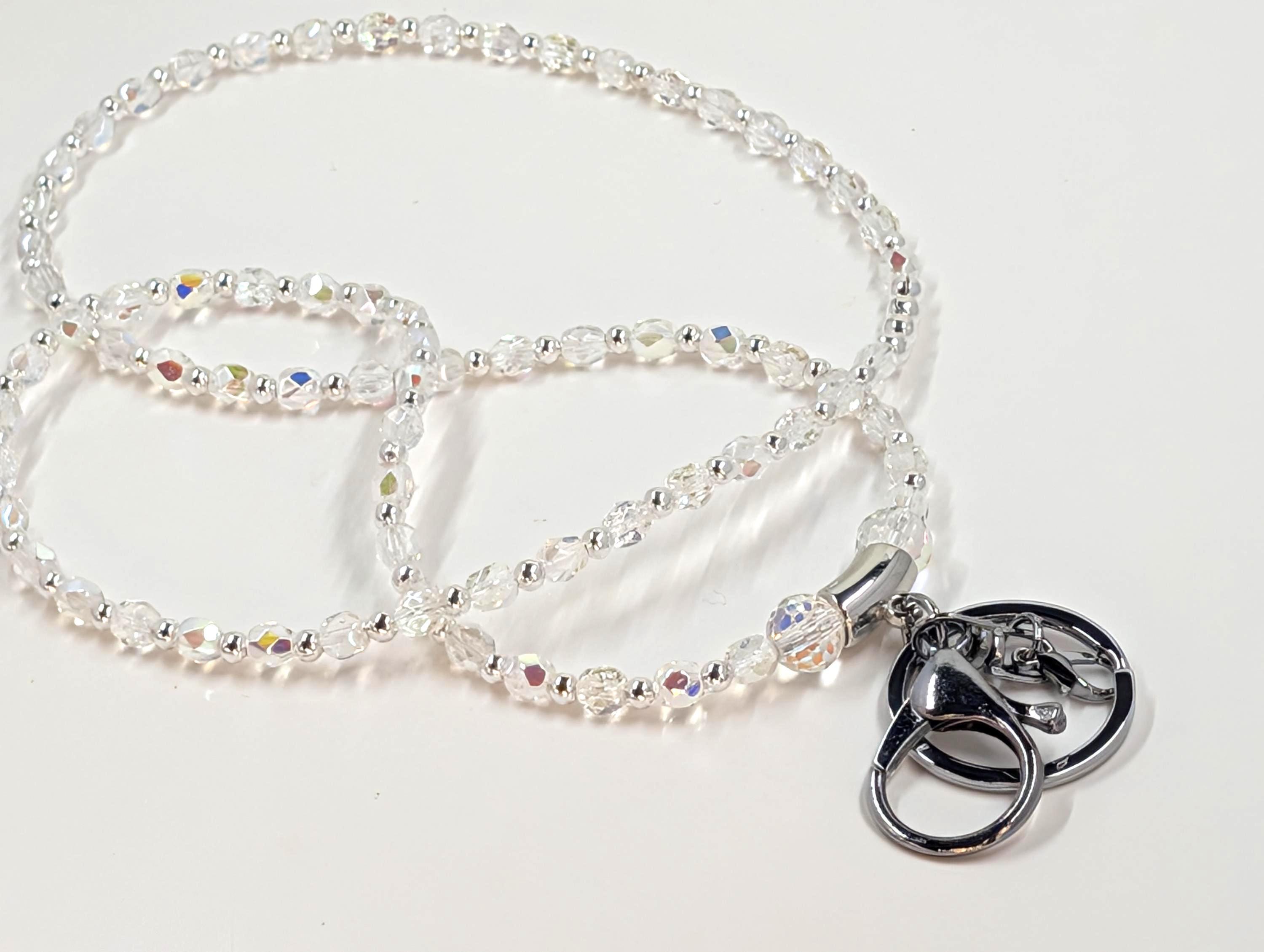 Handmade AB Czech Fire Polished Crystal Lanyard Aurora Borellis : Variations/ Badge I.D. Crystals and silver spacer beads