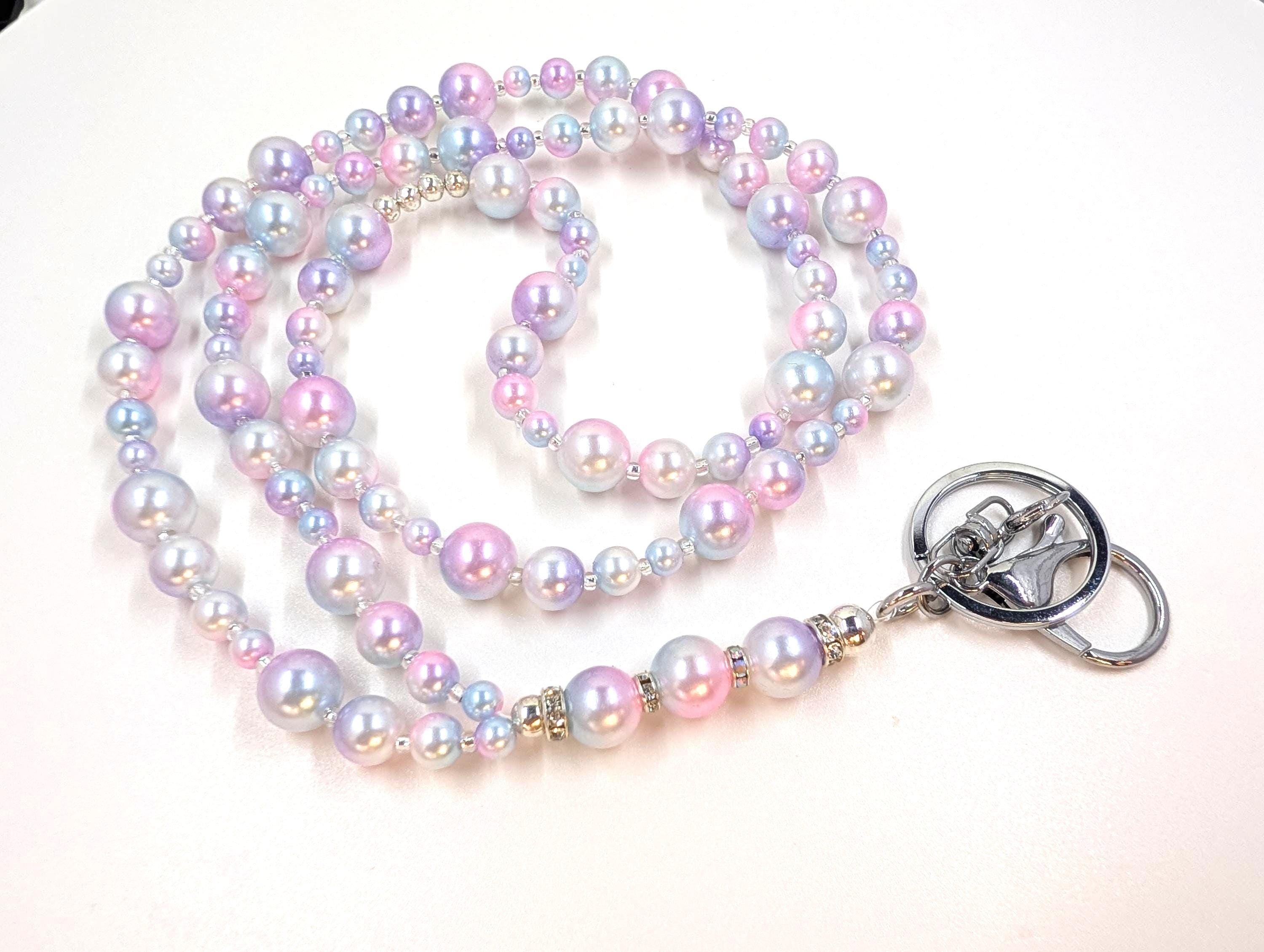 Beaded Lanyard Pastal Beads in 3 Sizes with Diamond look Accents and silver spacer beads Teacher Nurse Gift