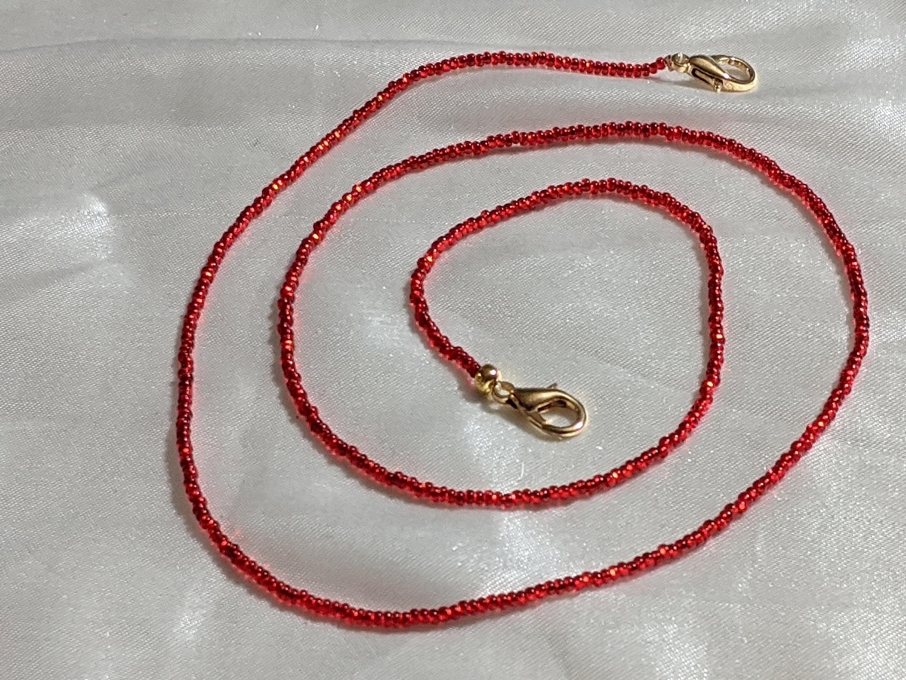 Red Czech Glass Beaded Eyeglass Chain: Silver Lined Mask Holder Necklace Christmas Ruby Red