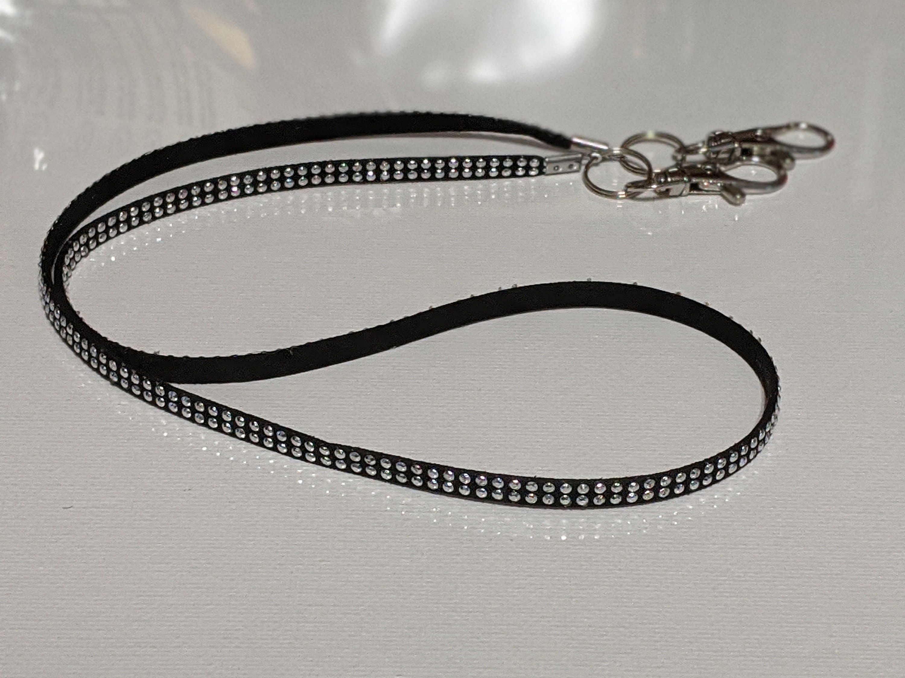 Face Mask Chain Holder Necklace Lanyard 26" Black Suede/SILVER STUDS easy ON-Off Light U.S unisex Teen Adult Gift New Lanyard Mask