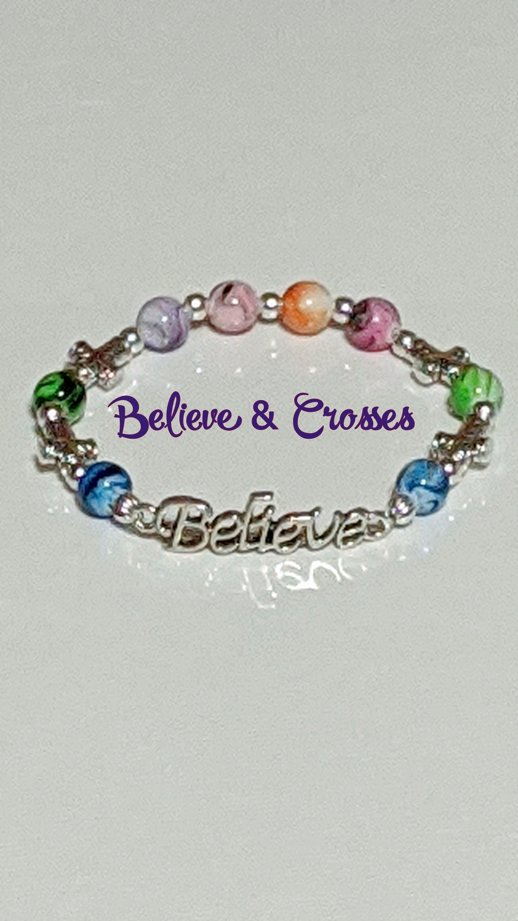 Believe Charm Bracelet: Multi-Color Spirit Beads, Crosses, Silver Accents