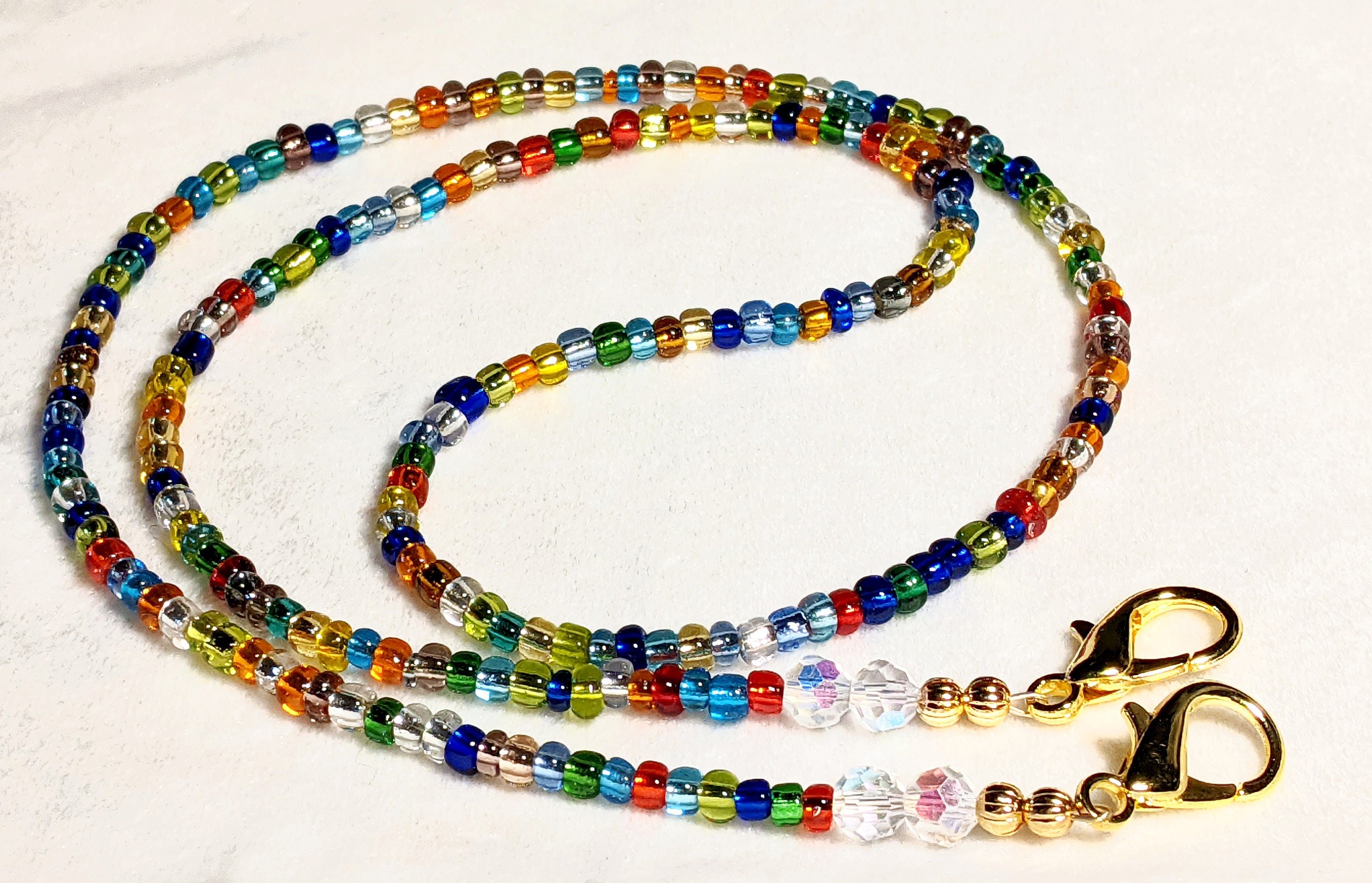Rainbow Seed Bead Eyeglass Chain: AB Crystal Mask Lanyard, 26"