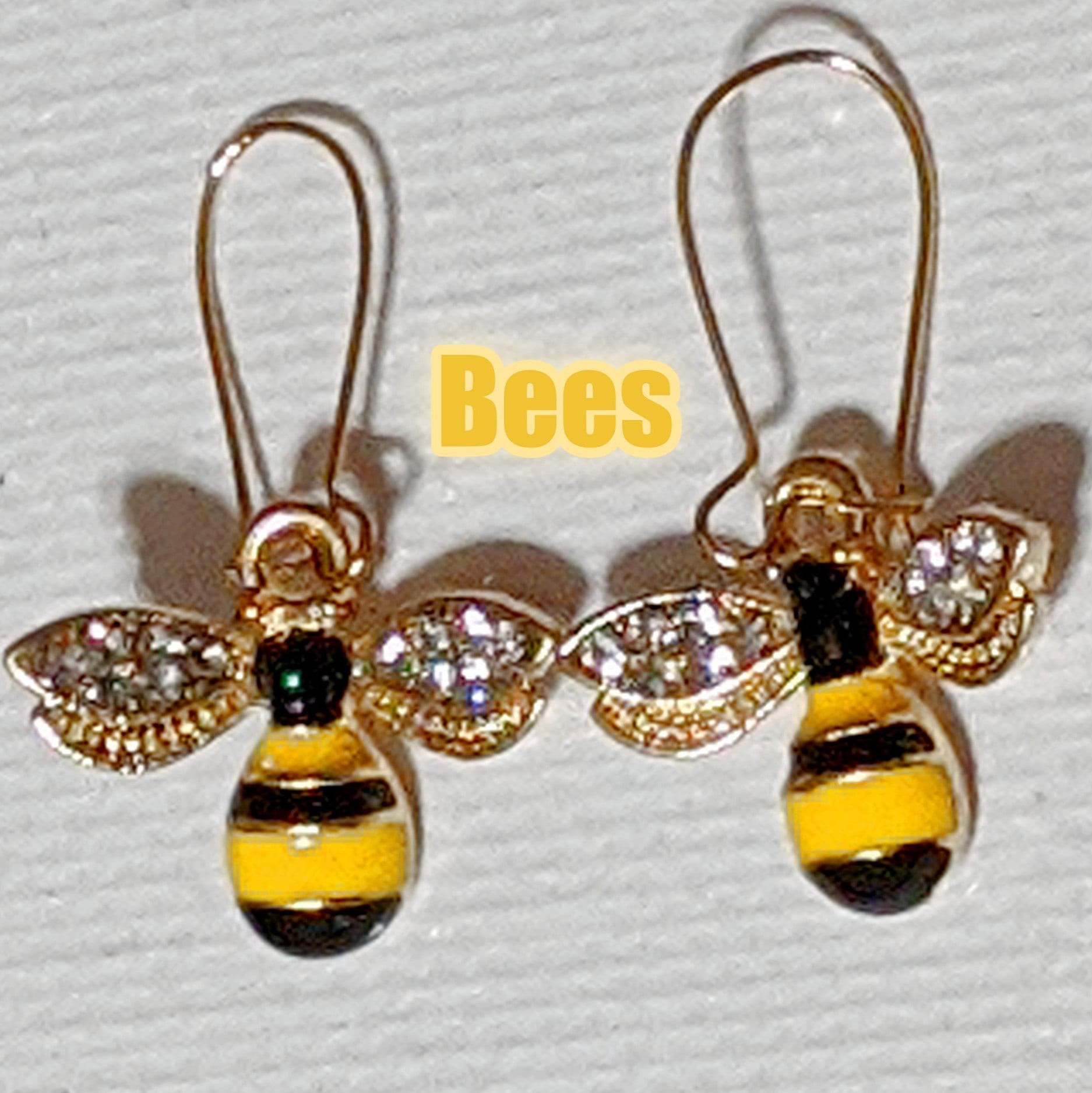Bumble Bee Drop Earrings: Rhinestone Wings, Yellow & Black