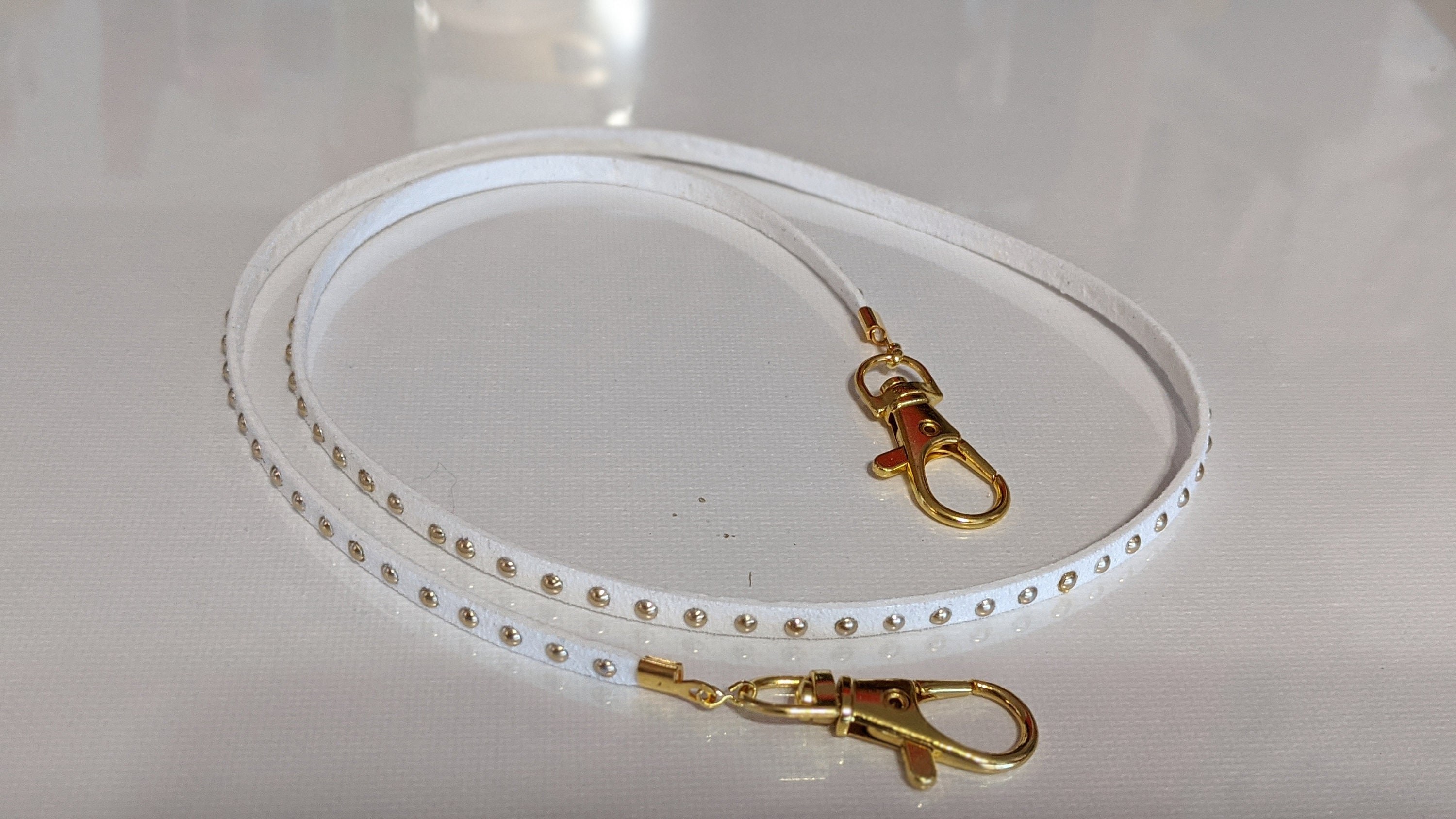 Face Mask Chain Holder White Suede with Light Gold Studs with Gold Lobster Claws Gift Women Unisex Lanyard Necklace Teen Student