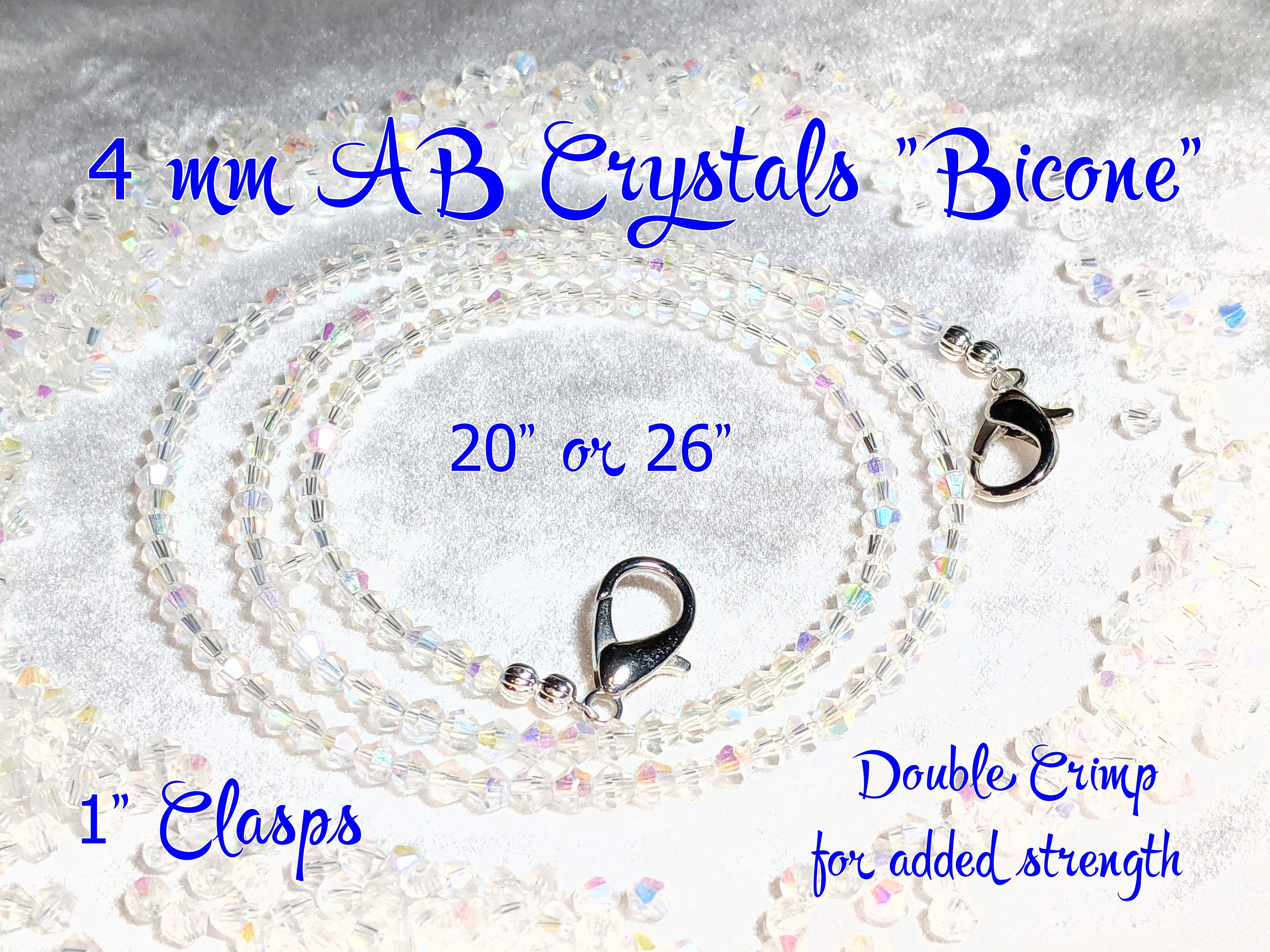 Quality Face Mask Chain Holder Lanyard AB Crystals U Pick 20 or 26" Bling 4mm Glass Faceted Beads Lightweight Lg Clasps Designer Classy