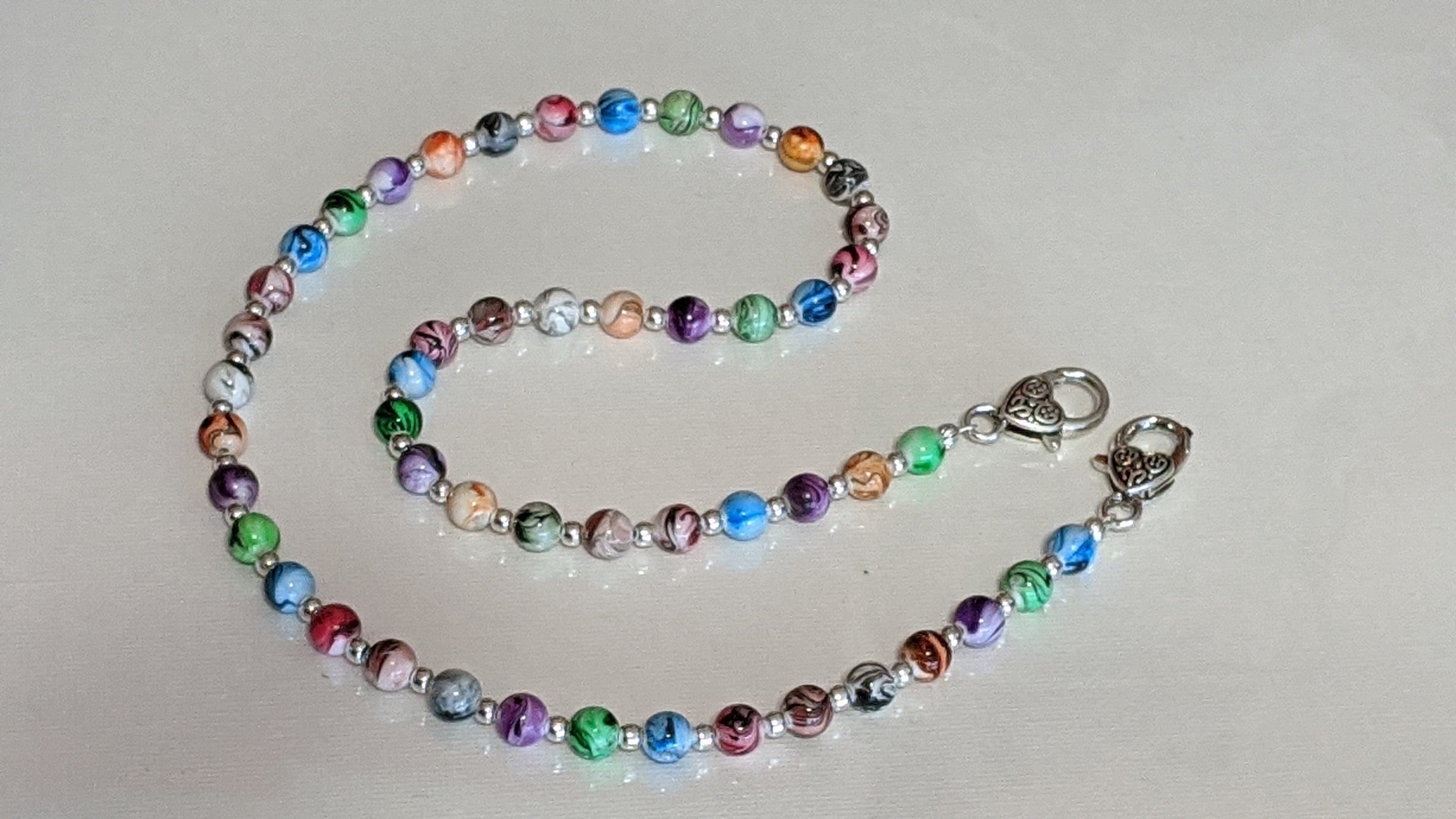 Beaded Mask Chain Holder: Colorful Marbled Beads, Heart Clasps, 25"