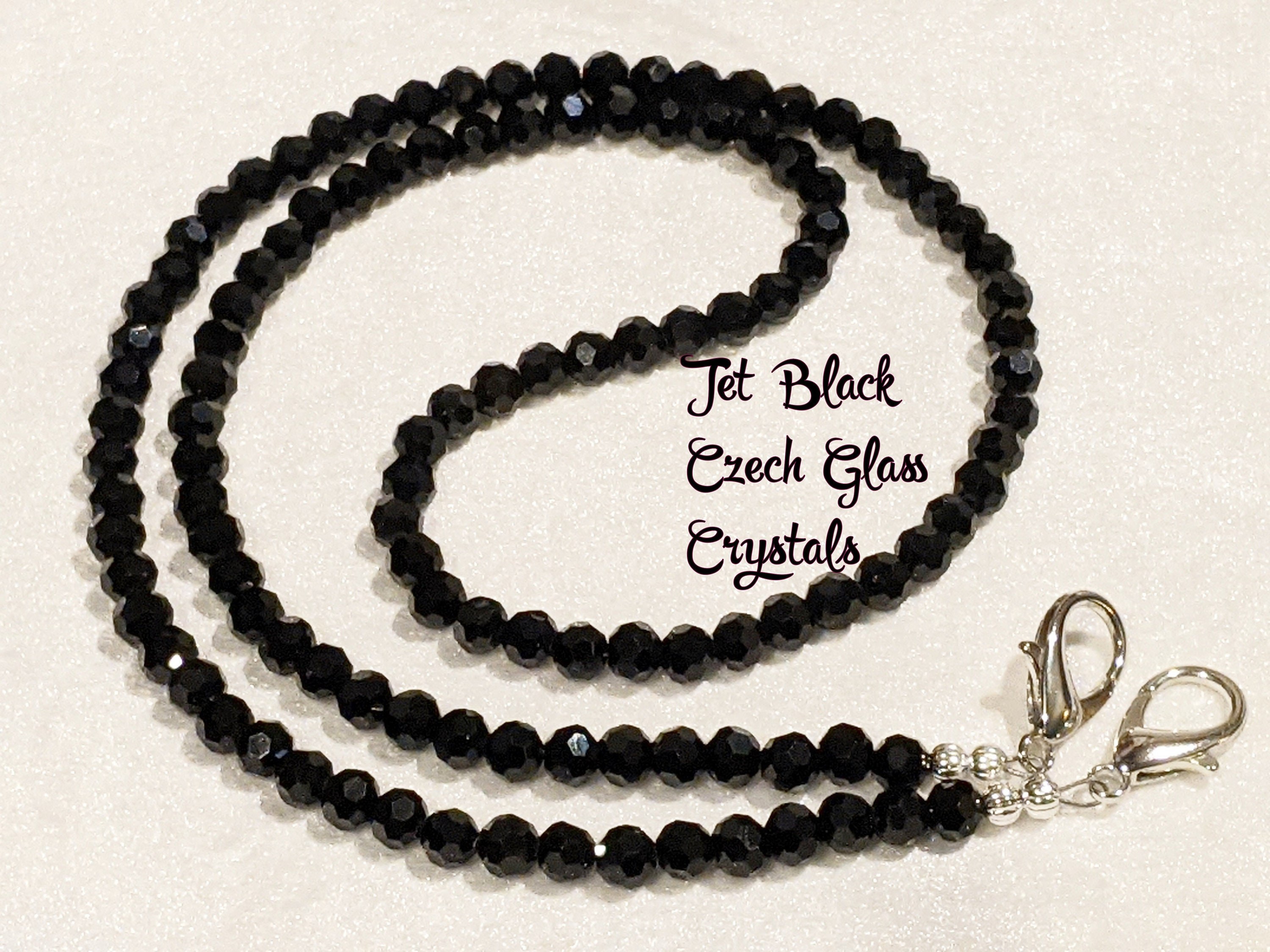 Black Czech Glass Crystal Facemask Chain: Eyeglass Lanyard 26"
