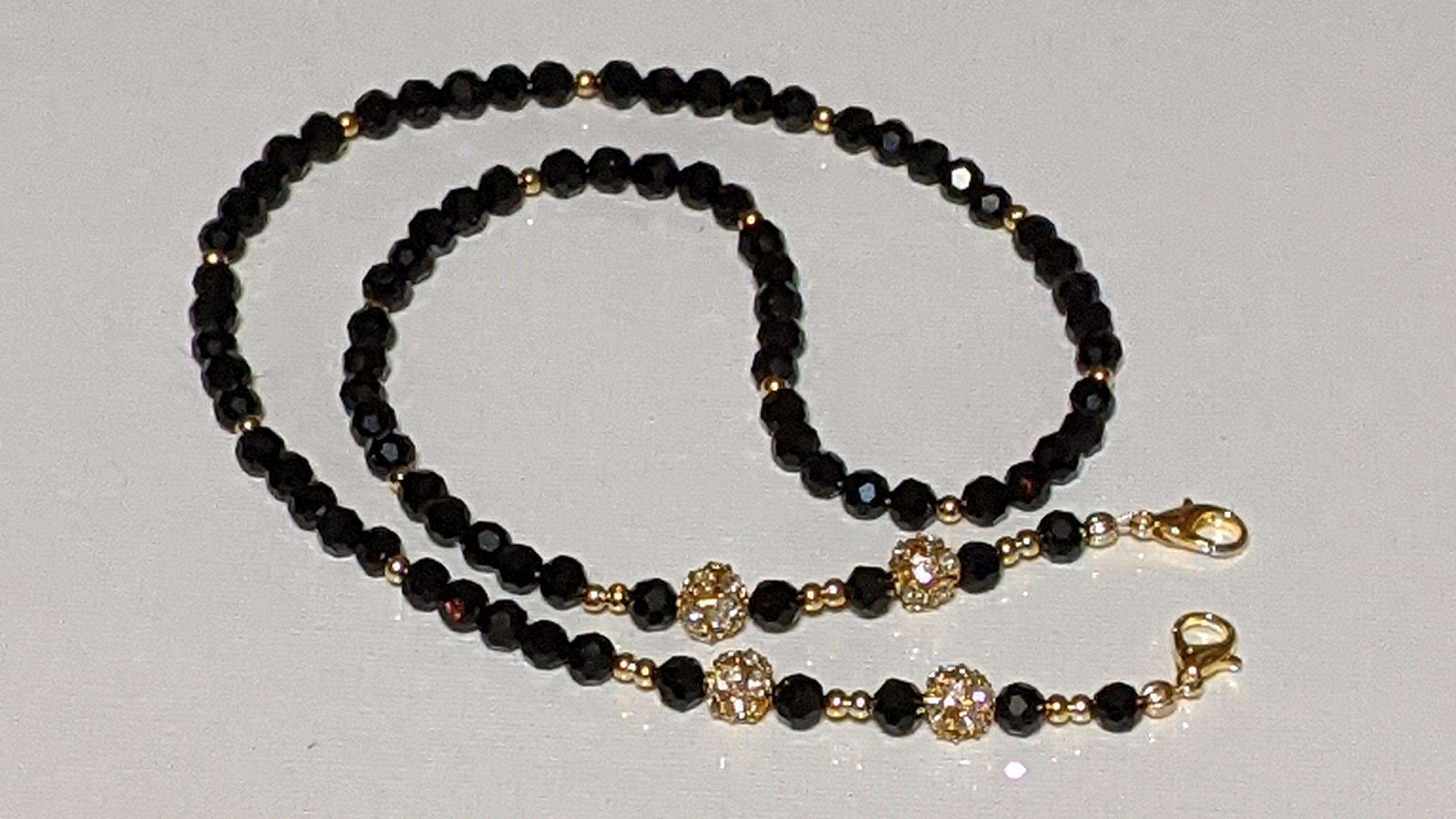 Black Crystal Face Mask Chain Lanyard: Gold Rhinestone Beads