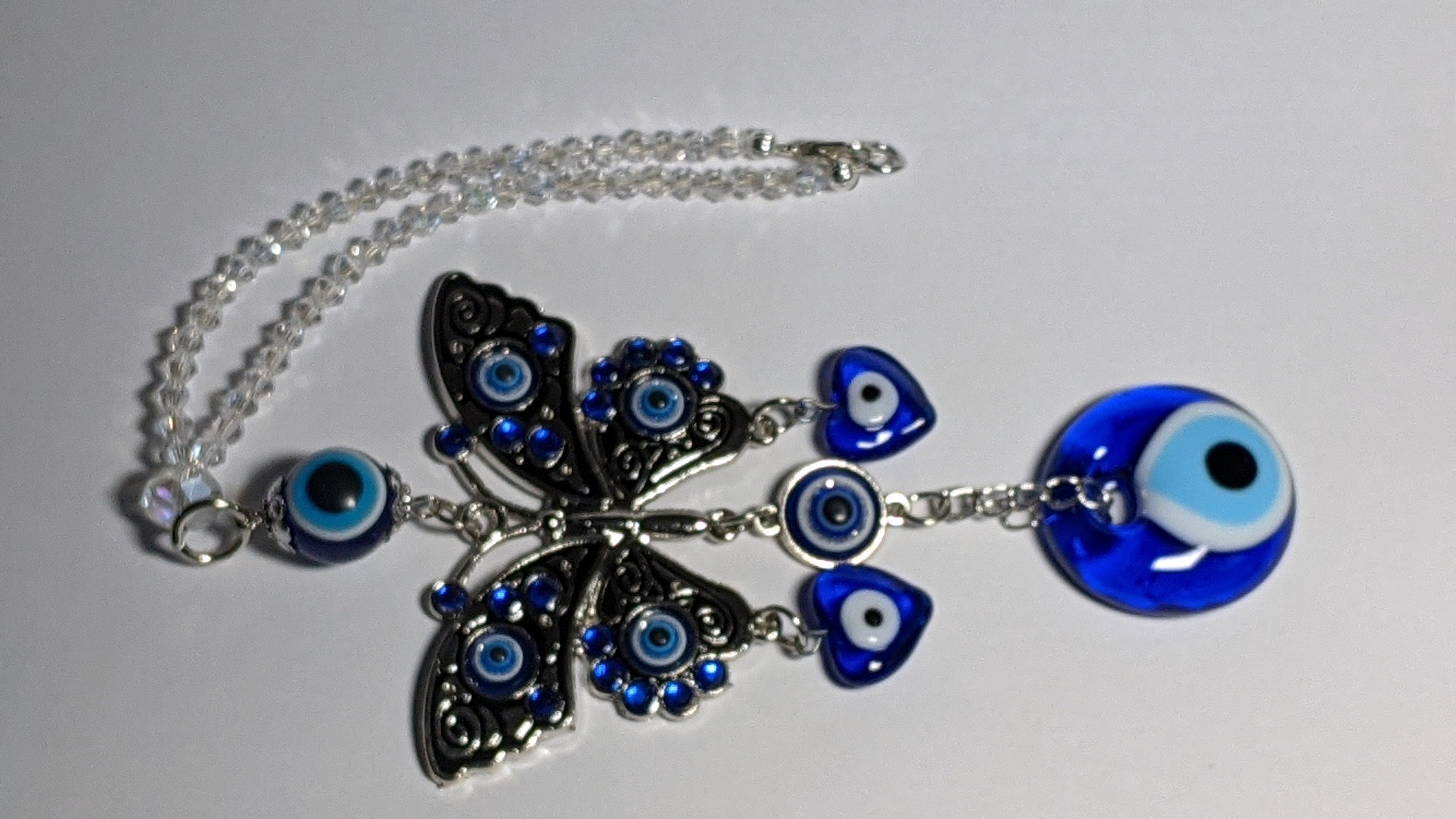Butterfly Evil Eye Car Charm: AB Crystals Rear View Mirror Suncatcher